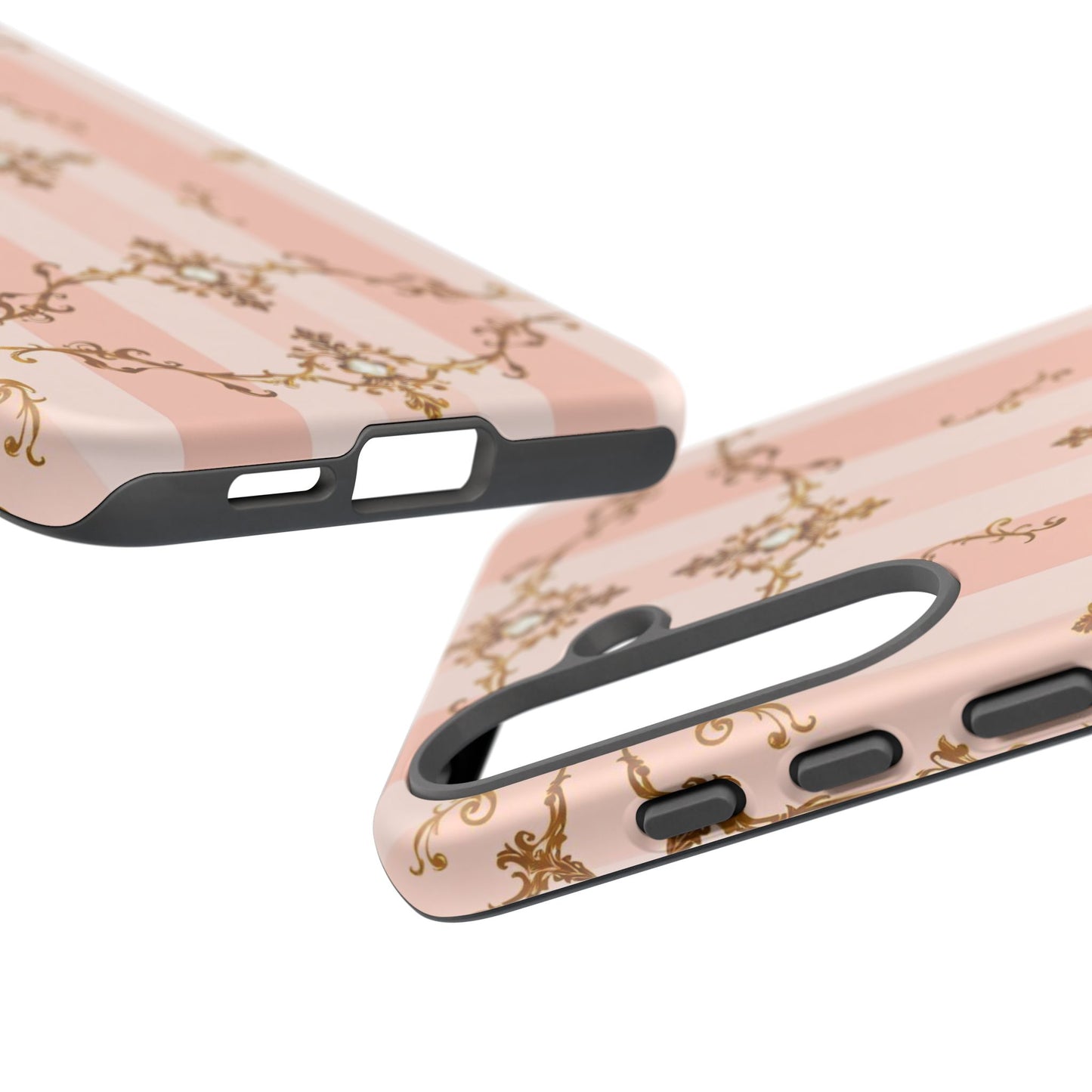 Elegant Floral Phone Case, Tough Cases for Women, Trendy Phone Cover, Chic Gift - Pink Jeweled Striped Gold Baroque