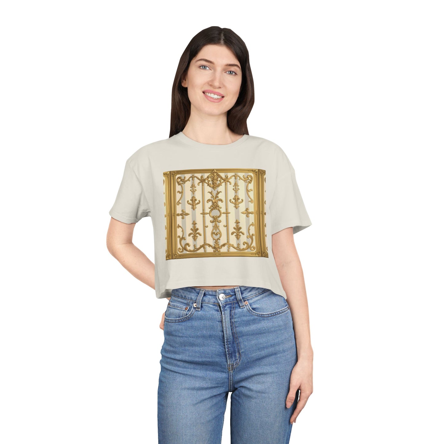 Elegant Vintage Women's Crop Tee, Stylish Oversized Top, Casual Summer Shirt, Trendy Women's Apparel - Matte Gray & Cream Striped Gold Baroque