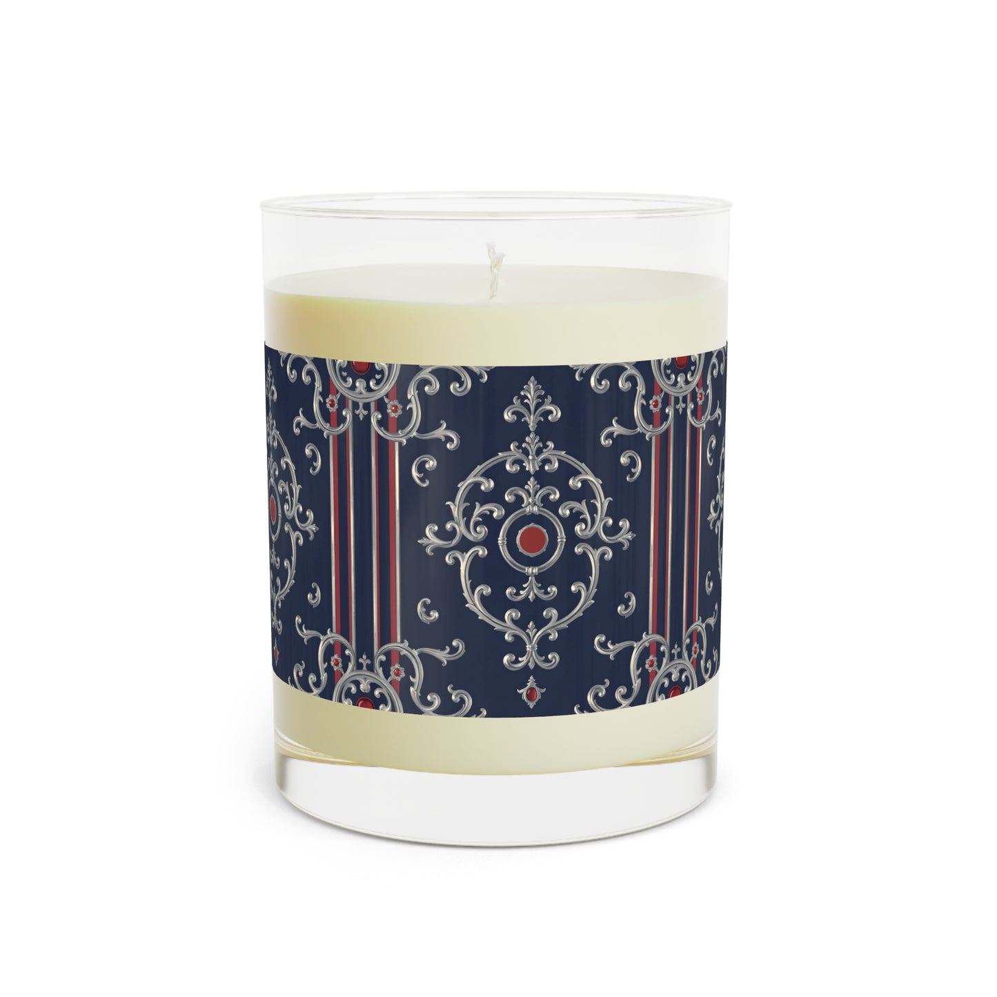 Elegant Aromatic Candle - Home Decor Gift, Relaxing Ambiance, Party Favors, Self-Care Moments - Blue & Red Striped Silver Baroque