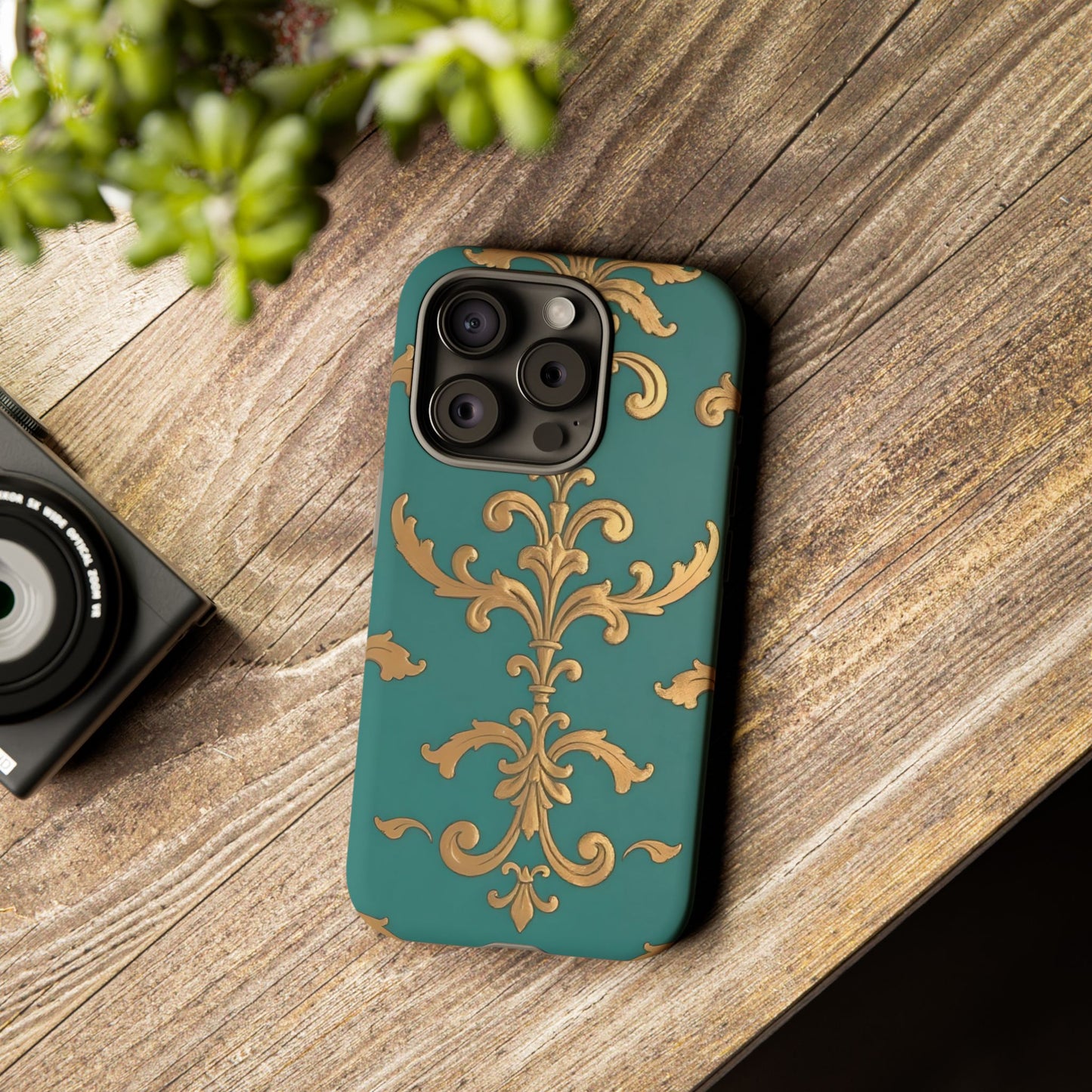 Elegant Floral Motif Phone Case - Tough Cases with Vintage Design - Aqua & Gold Damask