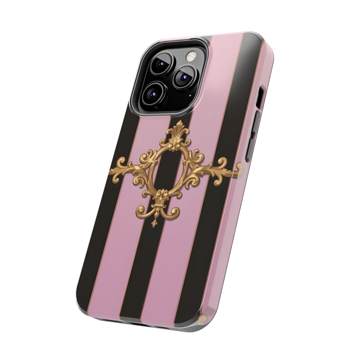 Stylish Tough Phone Case for Elegant Protection, Fashionable Accessories, Smartphone Cover - Matte Lavender & Black Striped Gold Baroque