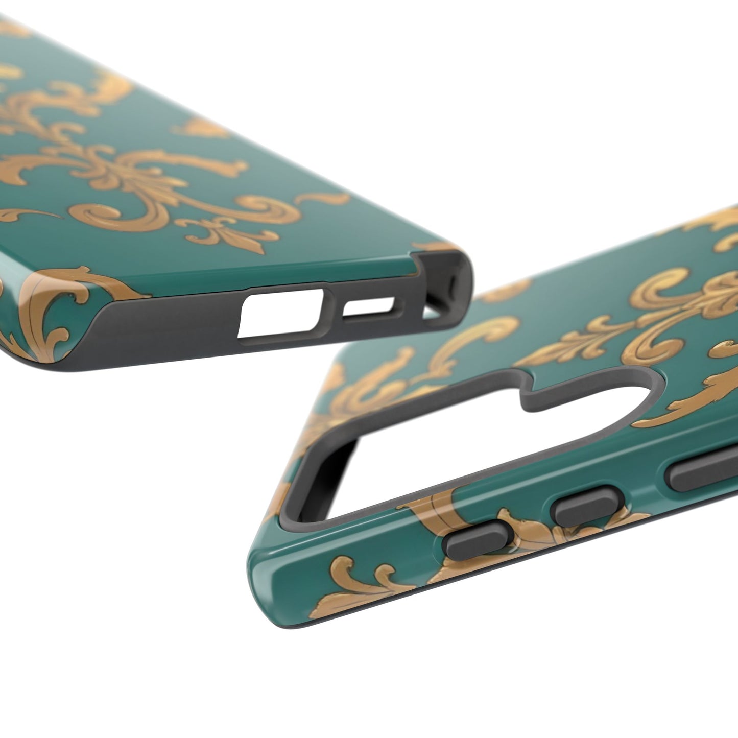 Elegant Floral Motif Phone Case - Tough Cases with Vintage Design - Aqua & Gold Damask