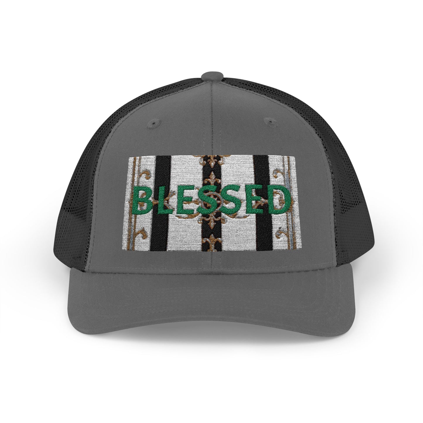 Blessed Snapback Trucker Cap | Casual Style, Outdoor Gear, Faith-Based Gift, Adjustable Hat, Everyday Fashion - Black & White Striped Gold Baroque