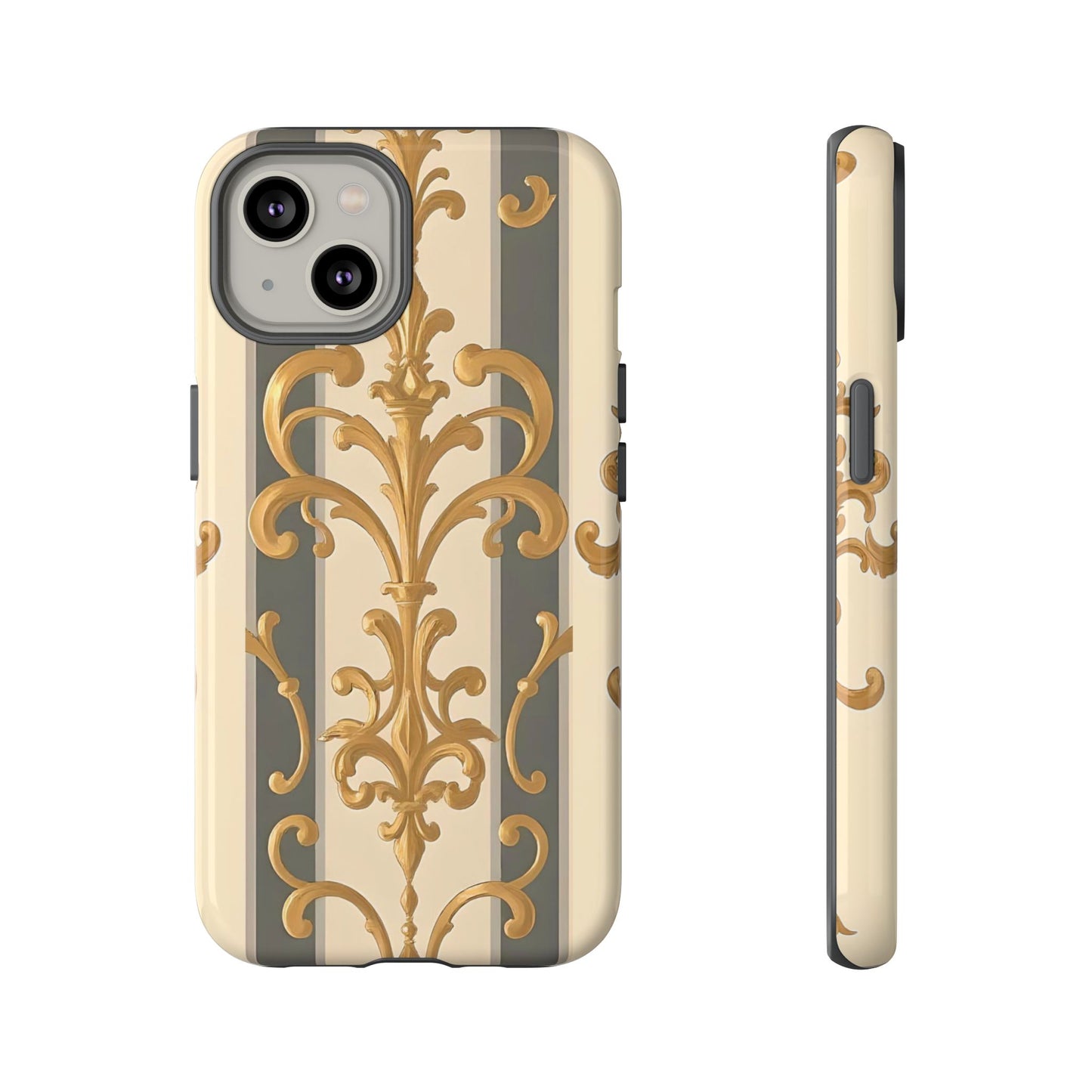 Elegant Floral Motif Phone Case - Tough Cases with Vintage Design - Dusk Olive Striped Gold Damask