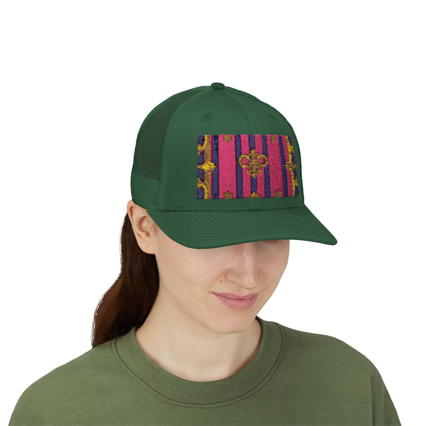 Vibrant Snapback Trucker Cap, Stylish Outdoor Hat, Trendy Fashion Accessory, Gift for Him or Her - Pink Striped Gold Baroque