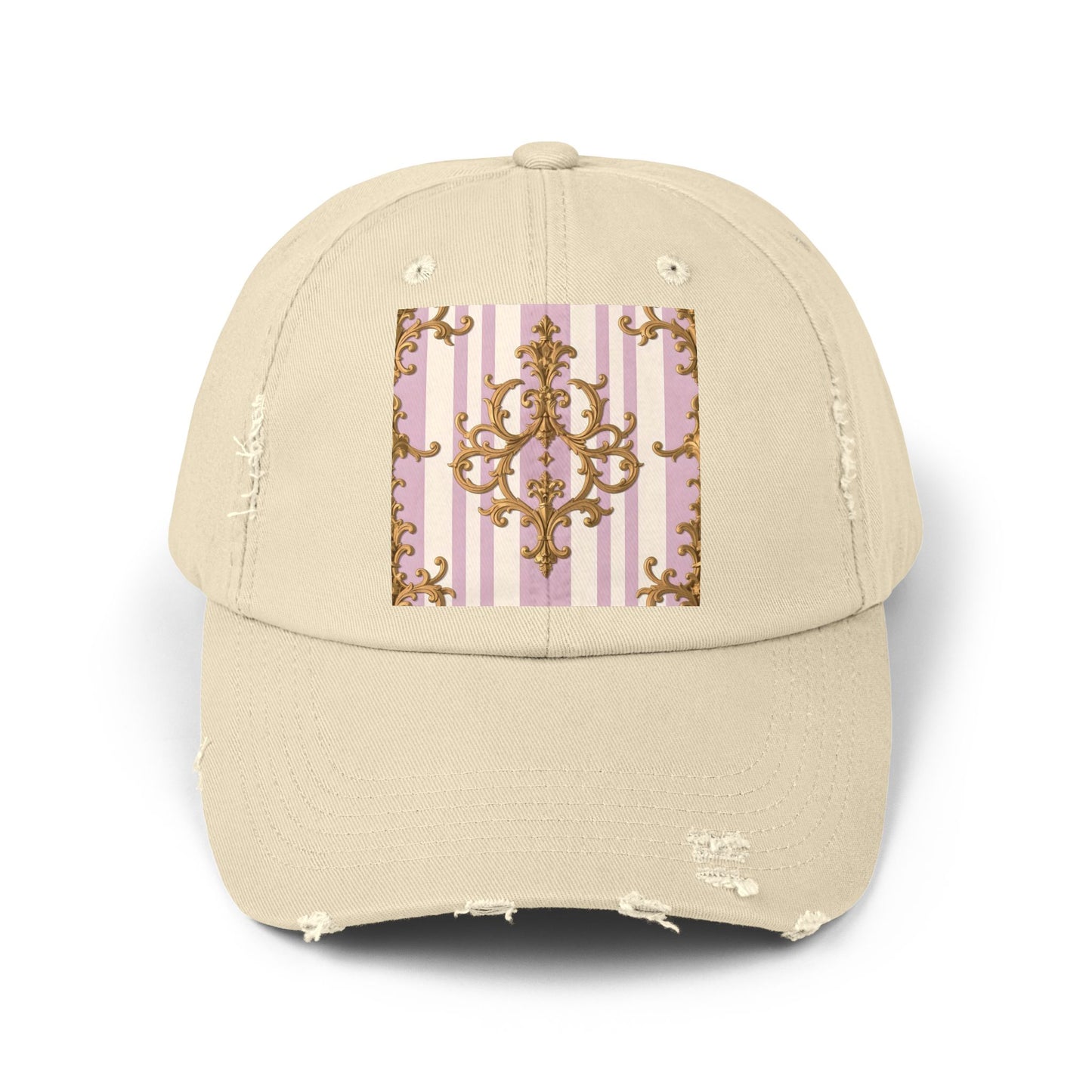 Chic Distressed Cap with Elegant Design | Trendy Accessory, Gift for Fashion Lovers, Perfect for Casual Outings - Lilac & Alabaster Striped Gold Baroque