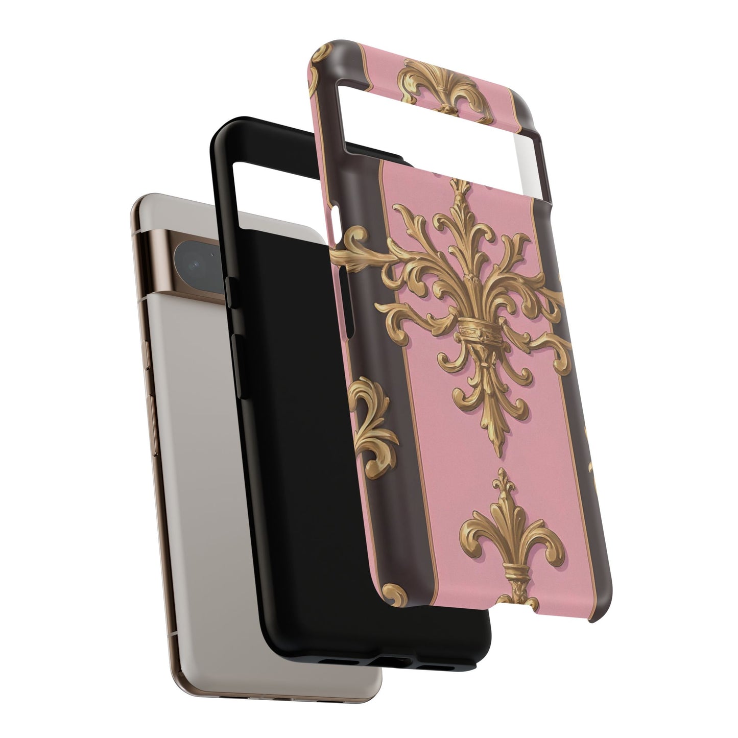 Elegant Floral Motif Phone Case - Tough Cases with Vintage Design - Pink & Brown Striped Gold Damask