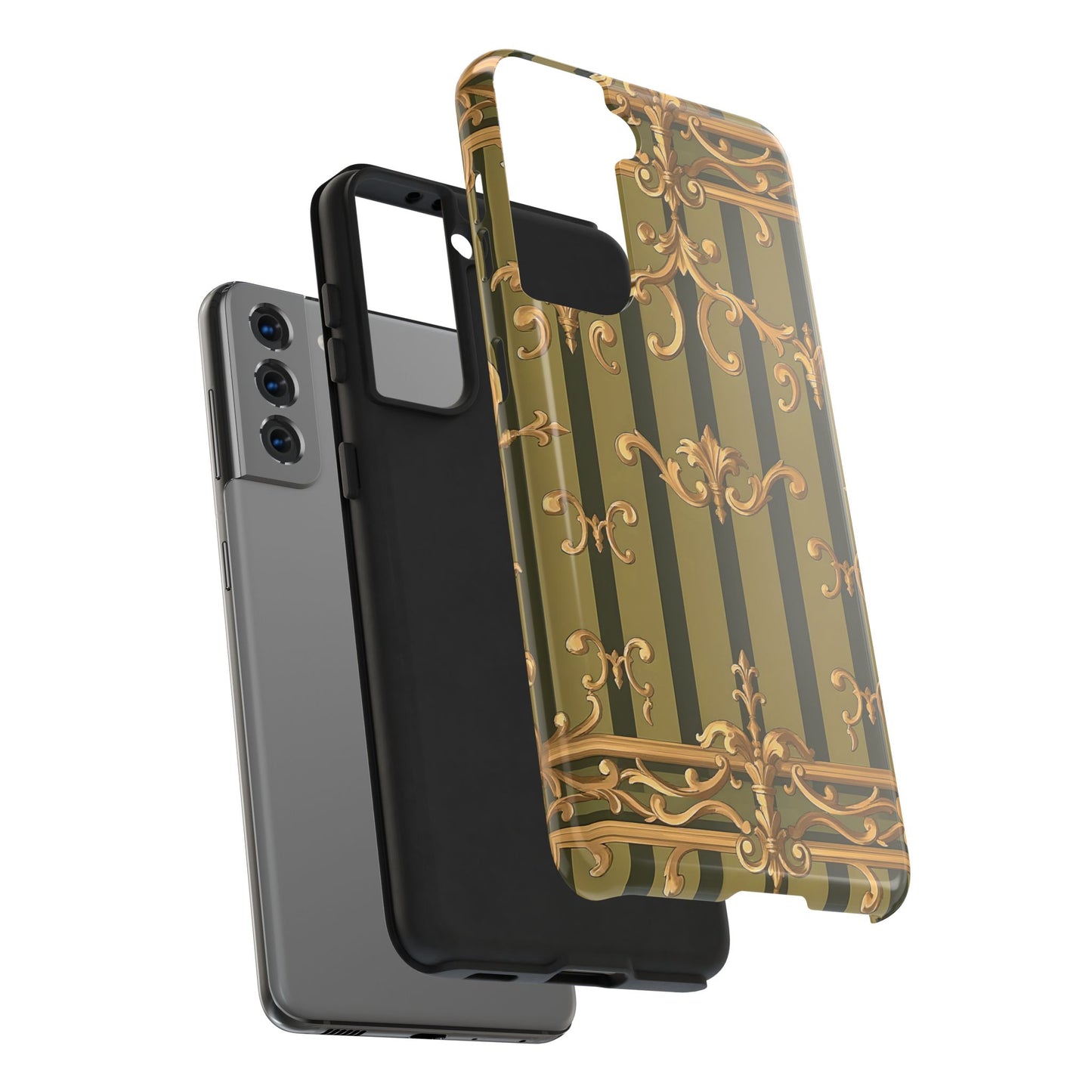 Elegant Vintage Phone Case - Tough Protection with Classy Design, Stylish Phone Cover for Fashion Lovers - Olive Green Striped Rococo