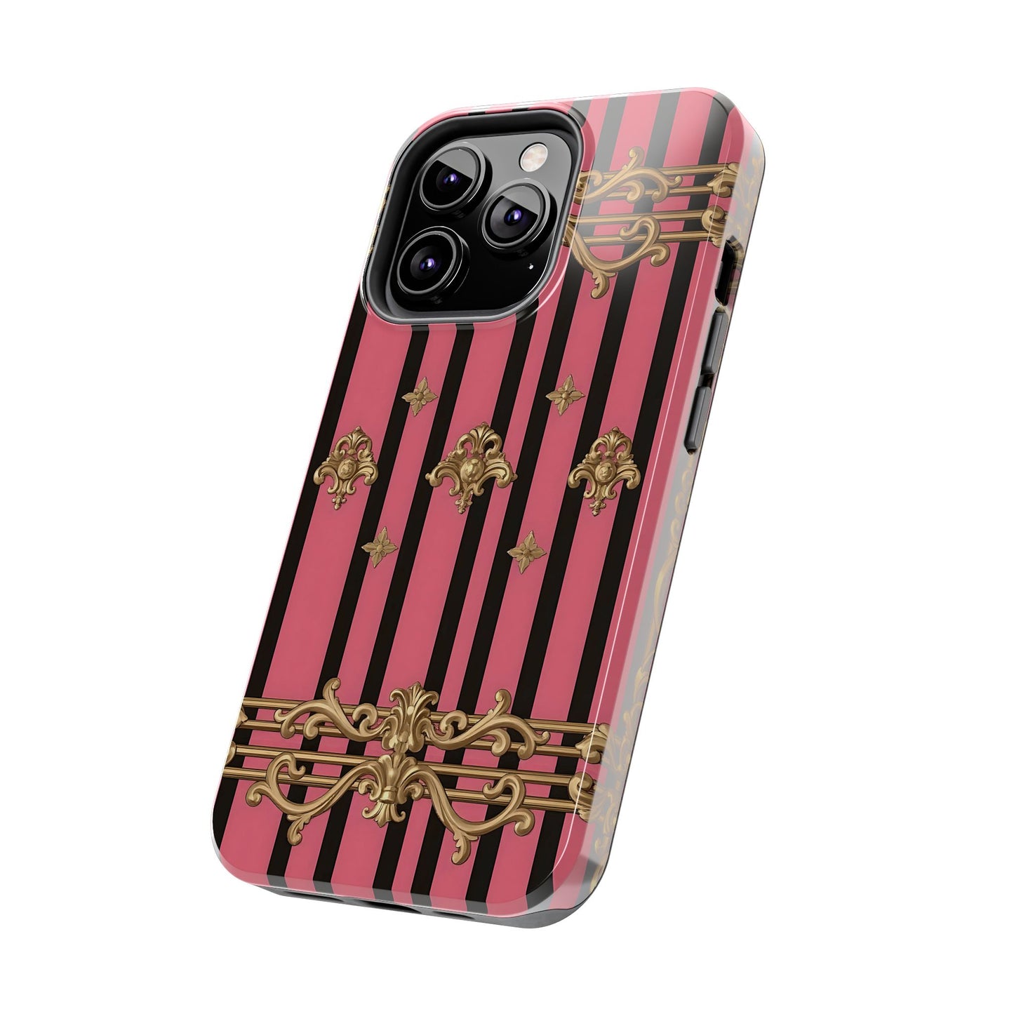 Elegant Floral Phone Cases, Stylish Protective Case for Trendy Individuals, Unique Gift for Tech Lovers, Phone Accessories - Pink Striped Gold Rococo