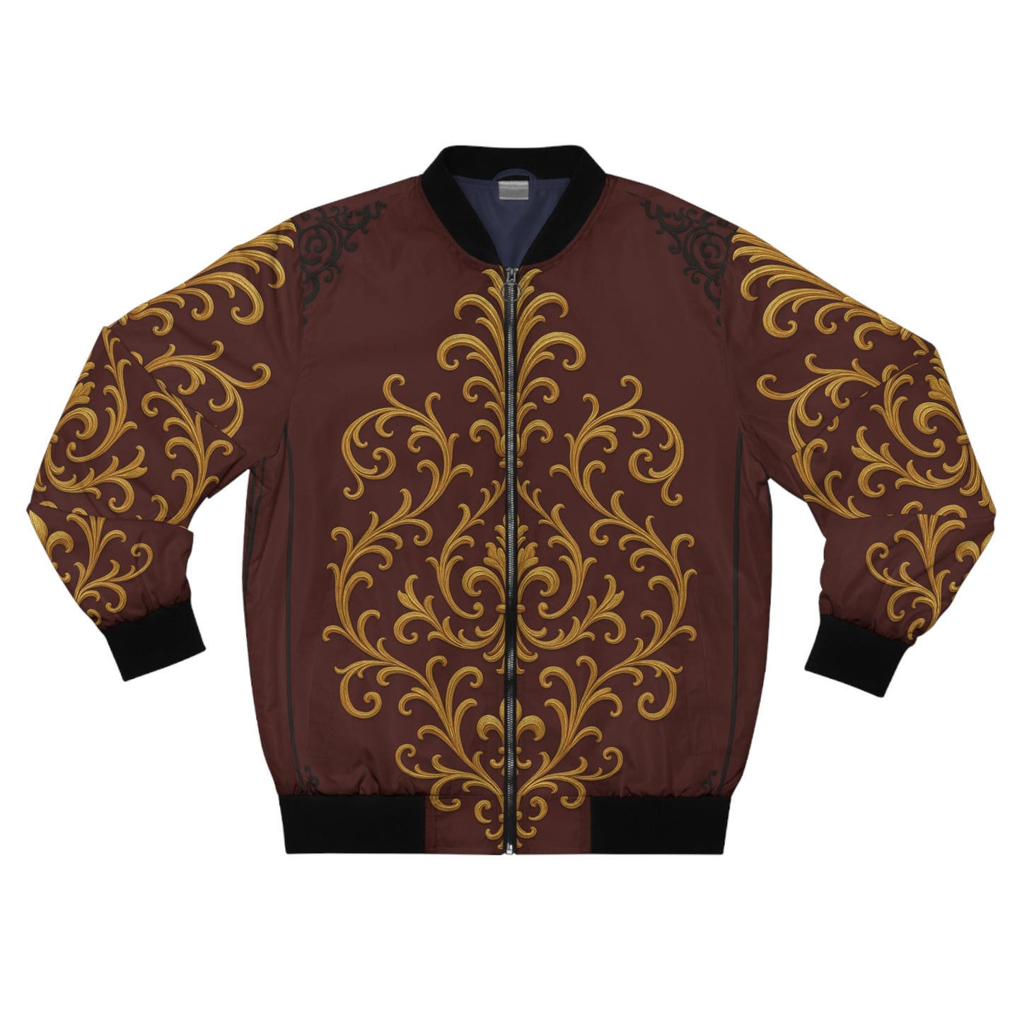 Dusk Burgundy-Black & Gold Baroque Men's Bomber Jacket — Ornate Gold Baroque on Burgundy