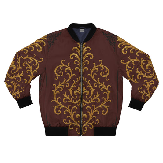 Dusk Burgundy-Black & Gold Baroque Men's Bomber Jacket — Ornate Gold Baroque on Burgundy