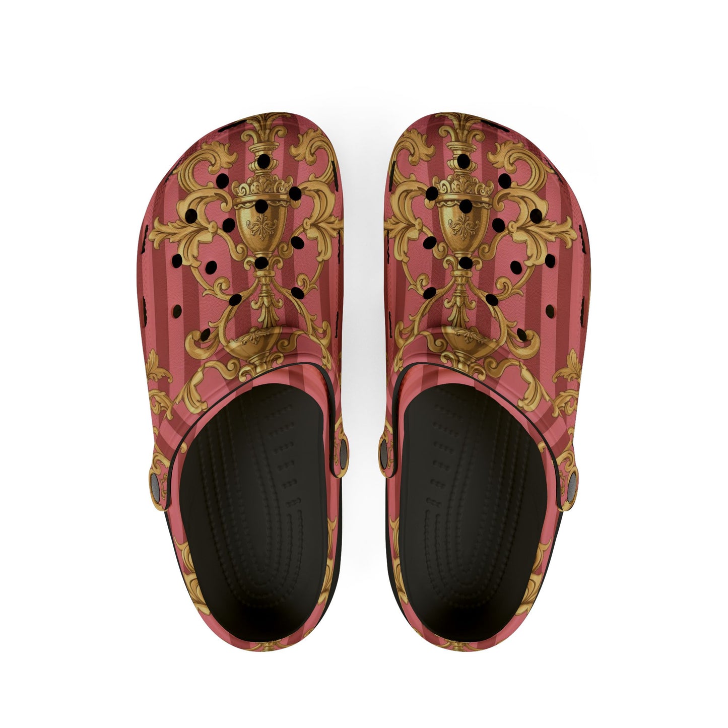 Elegant Baroque-Style EVA Foam Clogs, Trendy Slip-On Shoes, Comfortable Fashion Footwear - Pink Striped Gold Baroque