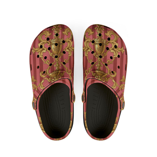 Elegant Baroque-Style EVA Foam Clogs, Trendy Slip-On Shoes, Comfortable Fashion Footwear - Pink Striped Gold Baroque