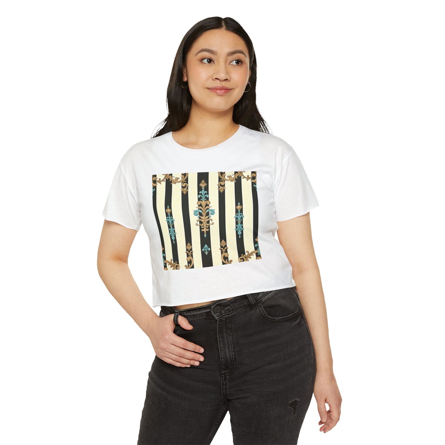Bohemian Festival Crop Top, Stylish Summer Tee, Casual Day Out Shirt, Trendy Women’s Apparel - Black Striped Turquoise & Black Rococo