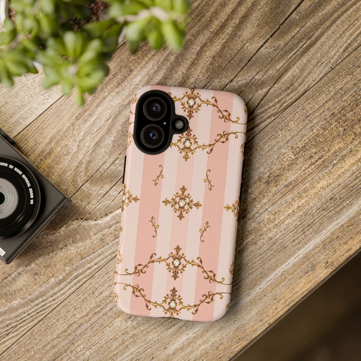 Elegant Floral Phone Case, Tough Cases for Women, Trendy Phone Cover, Chic Gift - Pink Jeweled Striped Gold Baroque