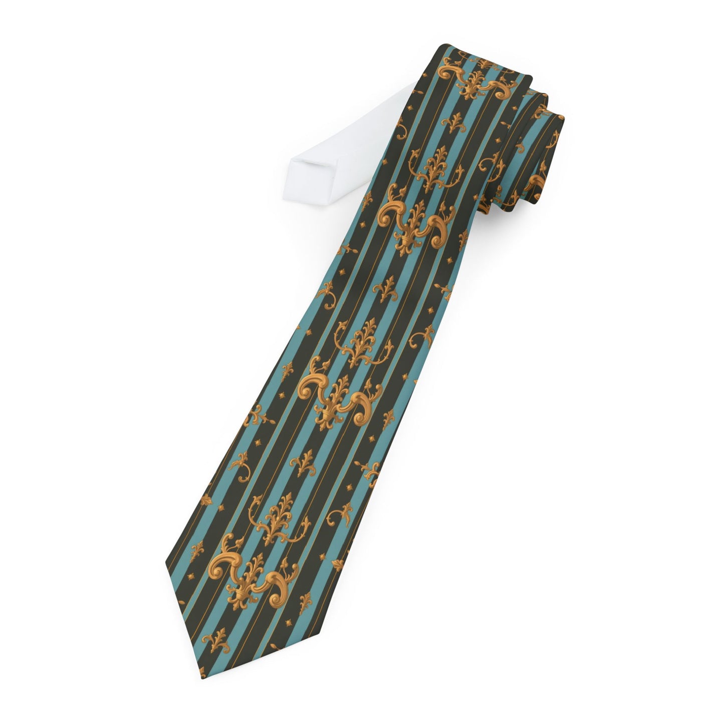Elegant Pattern Necktie, Stylish Men's Tie, Formal Wear Accessory, Gift for Him, Office Attire, Wedding Guest Tie - Black & Turquoise Striped Baroque
