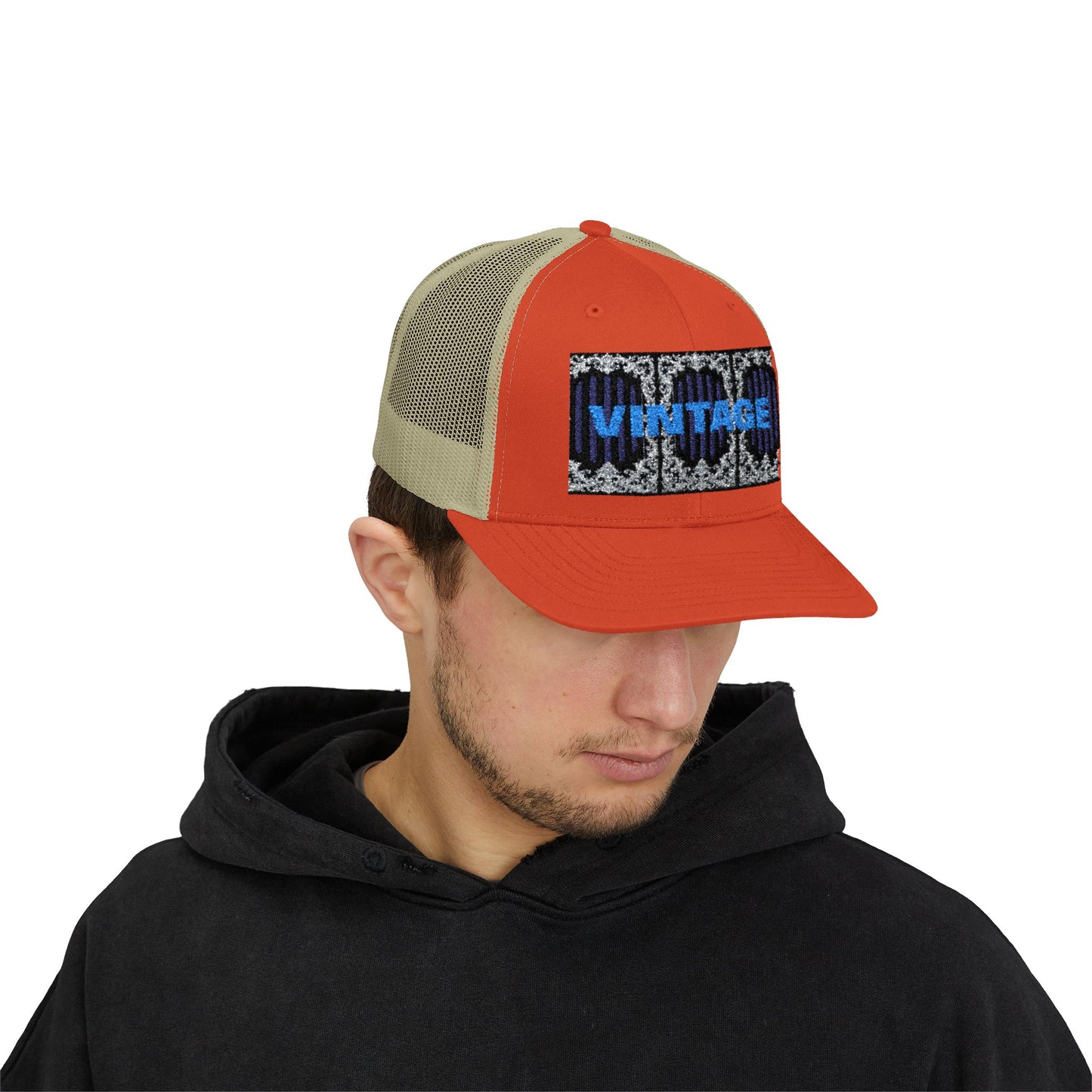 Vintage Navy Stripes & Baroque Trucker Cap — Retro 'VINTAGE' Embroidered Snapback