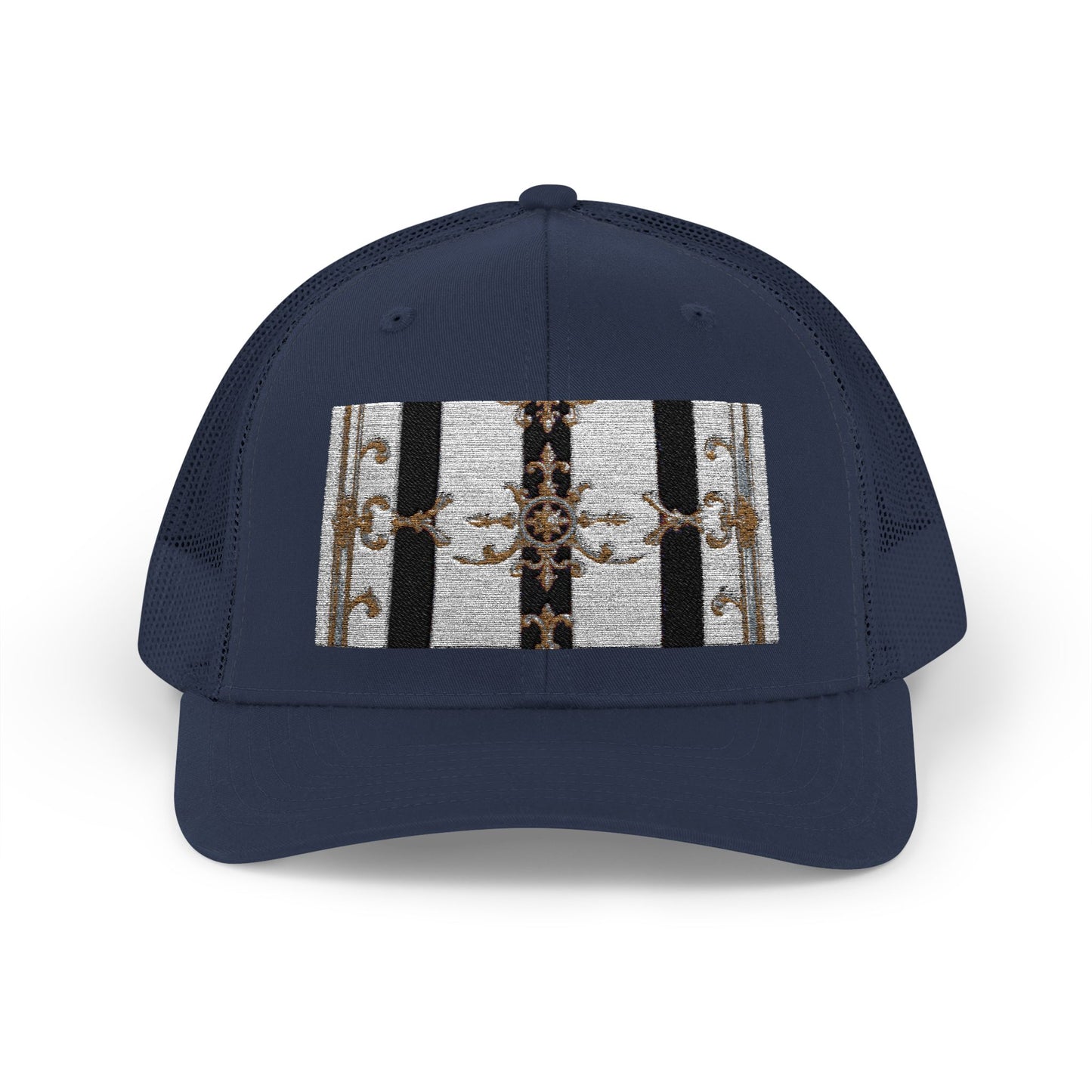 Trendy Snapback Trucker Cap, Casual Fashion Hat, Summer Accessory, Gift Idea for Cool Teens, Outdoor Activities - Black & White Striped Gold Baroque