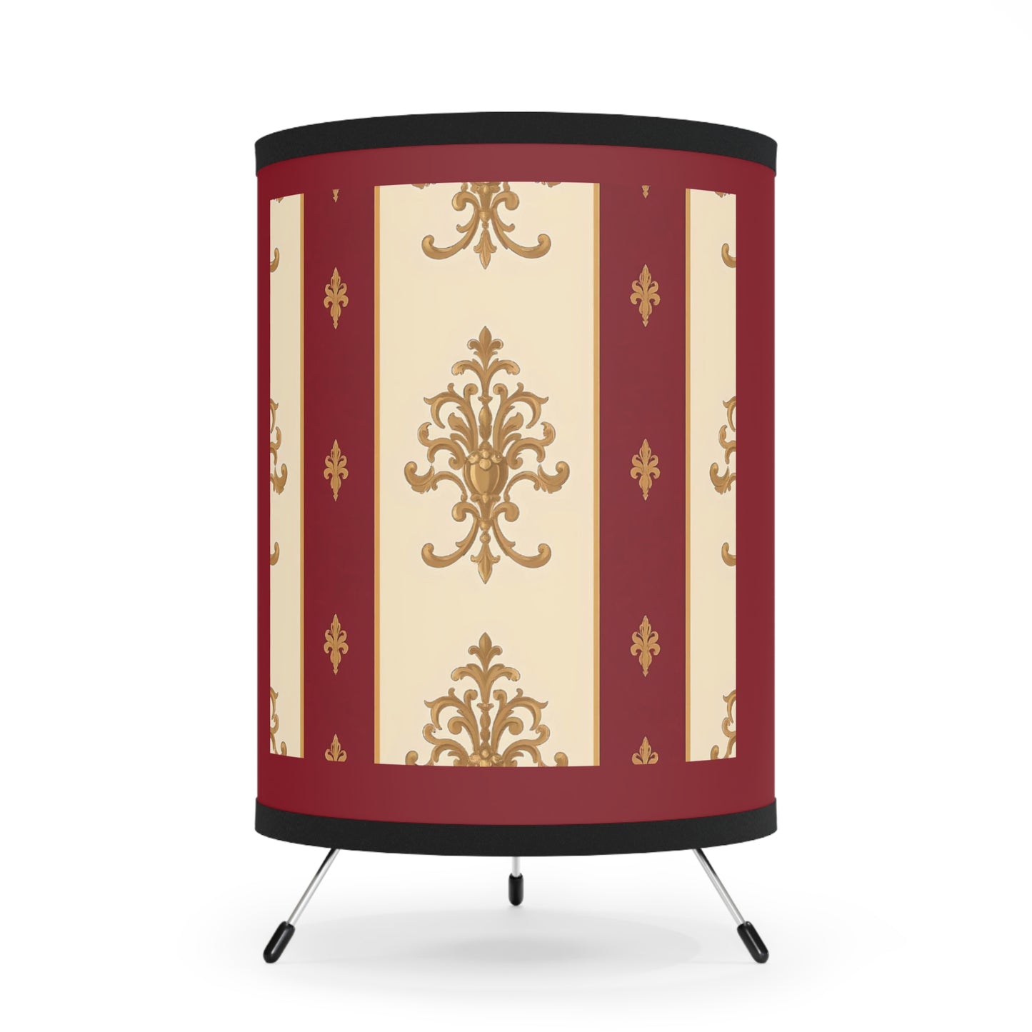 Elegant Tripod Lamp with Vintage Floral Print Shade - High-Res Home Accent - Dusk Red Striped Gold Damask