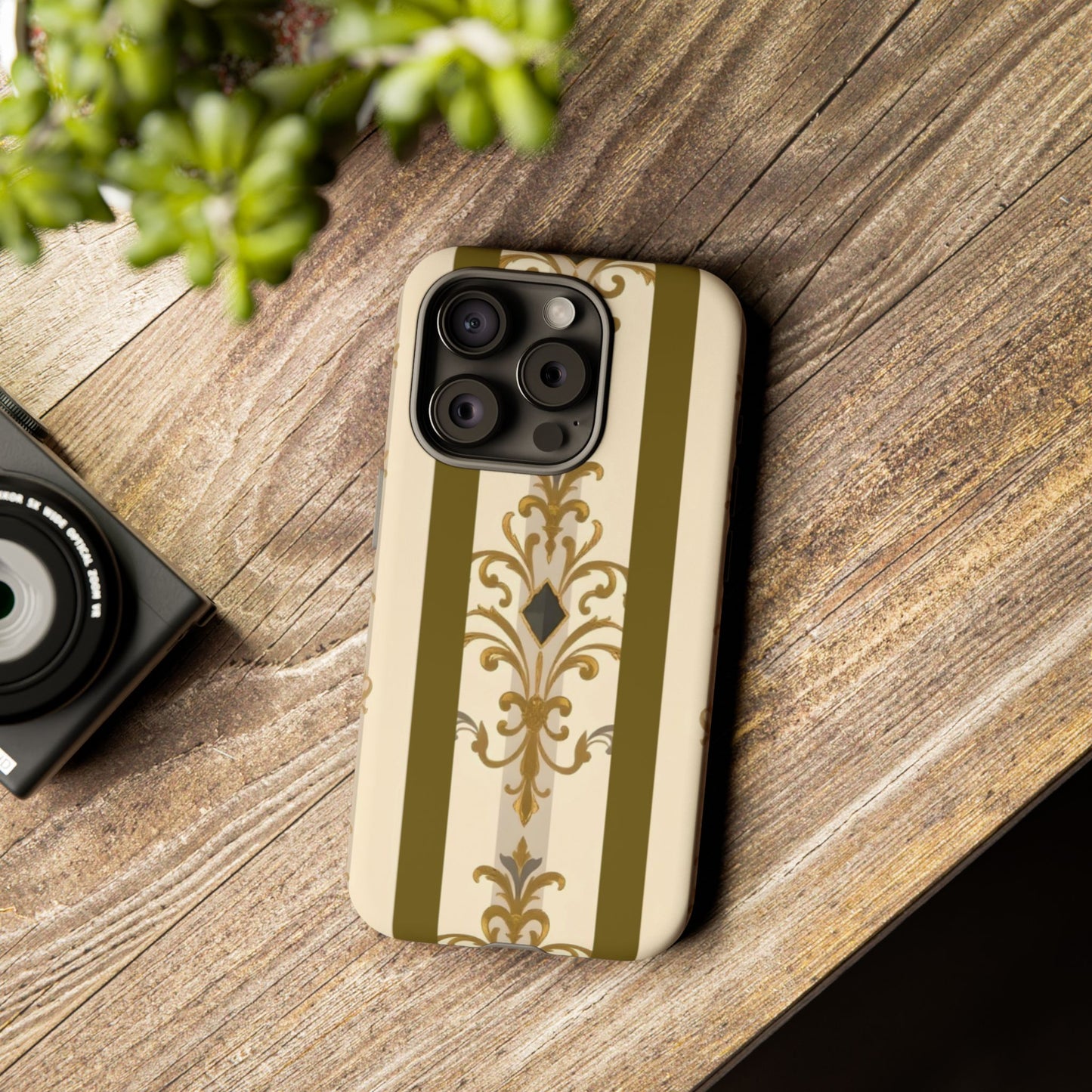 Elegant Floral Motif Phone Case - Tough Cases with Vintage Design - Olive Striped Gold Damask