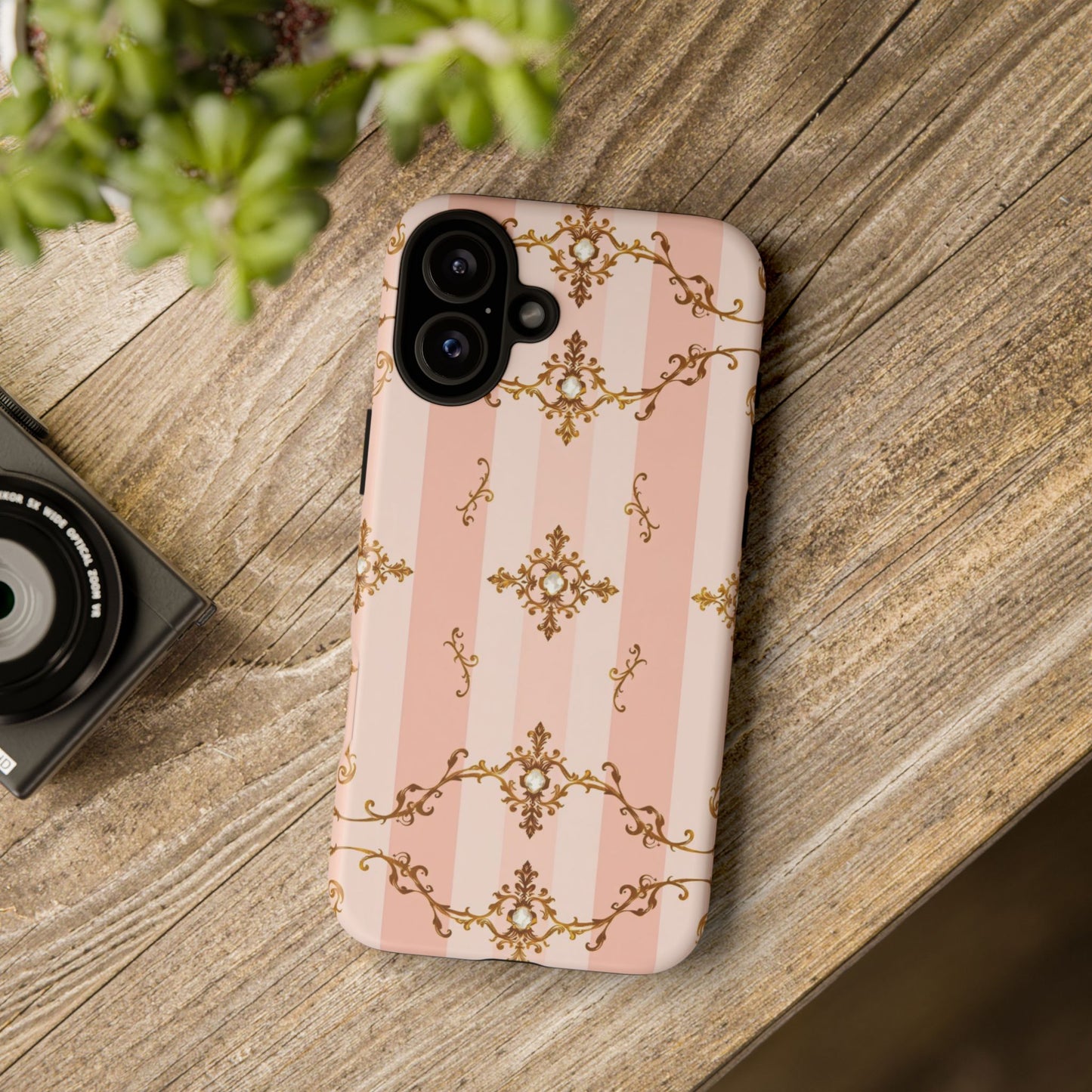 Elegant Floral Phone Case, Tough Cases for Women, Trendy Phone Cover, Chic Gift - Pink Jeweled Striped Gold Baroque