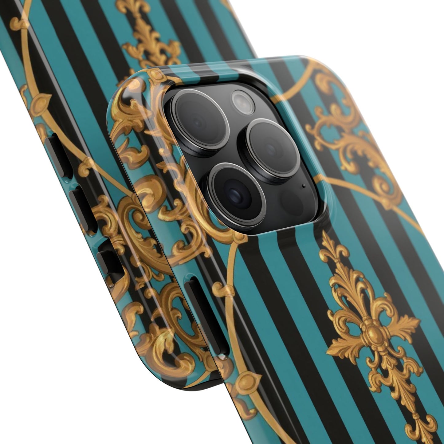 Elegant Turquoise & Black Striped Gold Baroque Phone Case, Tough Phone Cases for Fashion Lovers, Gift for Her, Luxury Accessories