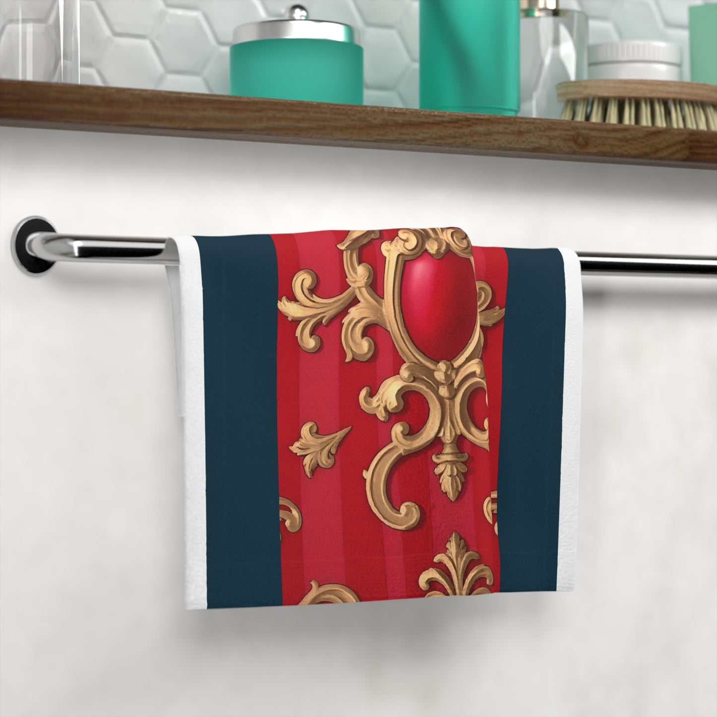 Elegant Red Ornate Face Towel, Luxurious Washcloth, Spa Gift, Bathroom Décor, Home Essentials, Decorative Towel - Blue, Red & White Striped Baroque