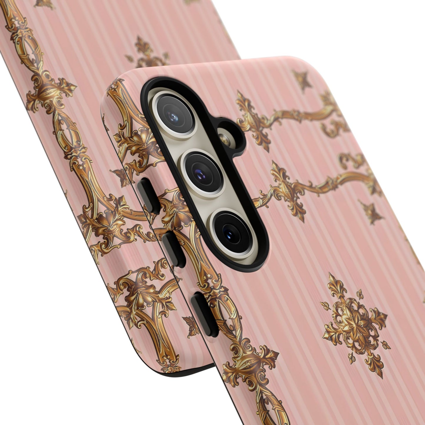 Elegant Floral Phone Case, Tough Cases for Women, Trendy Phone Cover, Chic Gift - Pink Striped Gold Baroque