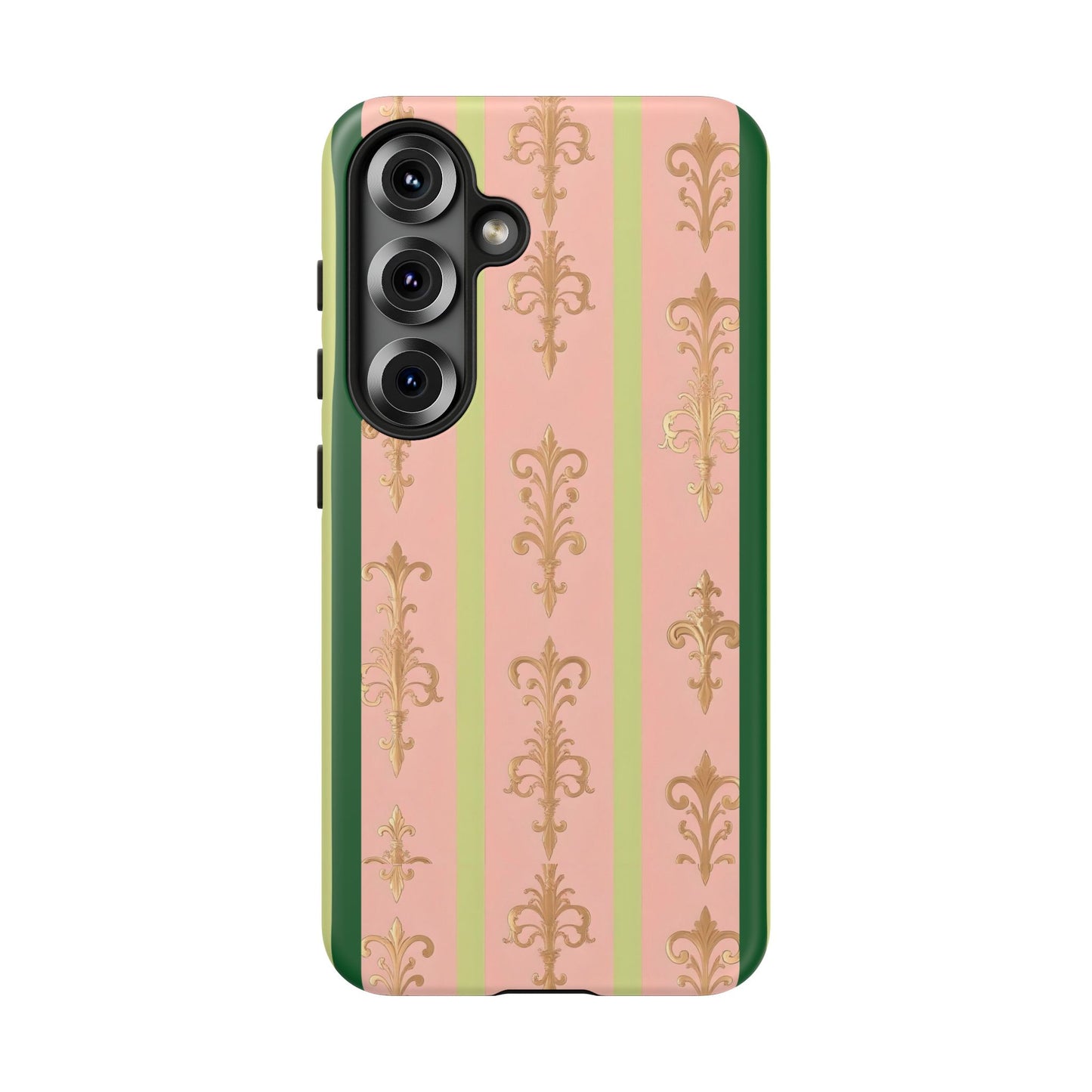 Elegant Floral Motif Phone Case - Tough Cases with Vintage Design - Lime Green & Pink Striped Damask