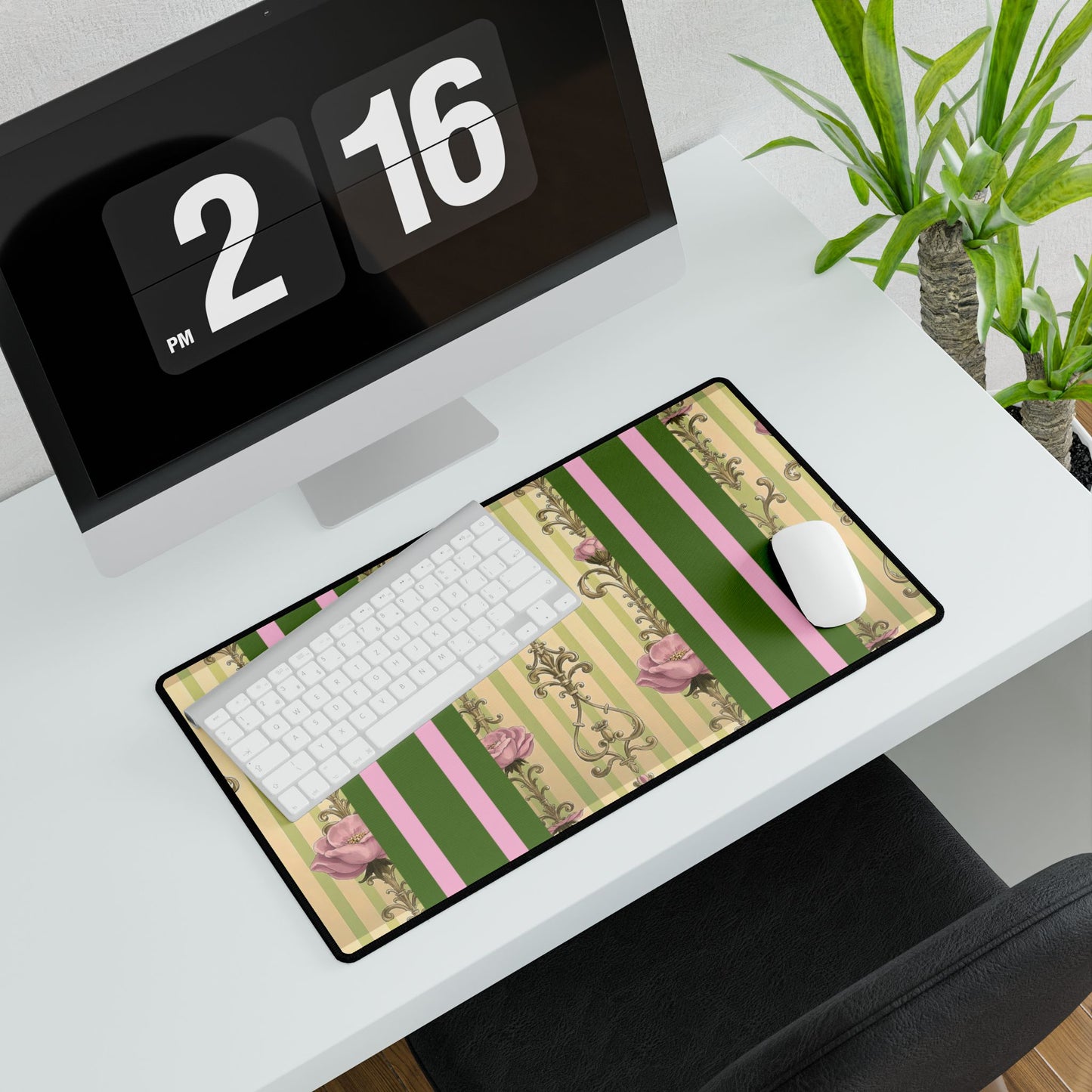Elegant Floral Motif Desk Mat for Home Office Decor - Lime Green & Pink Striped Damask