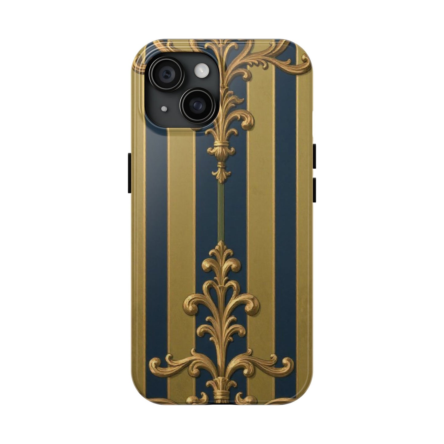 Elegant Midnight Blue & Olive Striped Gold Baroque Tough Phone Case, Phone Cover, Durable Case for Protection, Stylish Gift for Him/Her