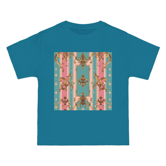 Vintage Floral Short-Sleeve T-Shirt | Retro Aesthetic Tee, Boho Shirt, Gift for Her, Summer Fashion - Pink & Matte Turquoise Striped Rococo