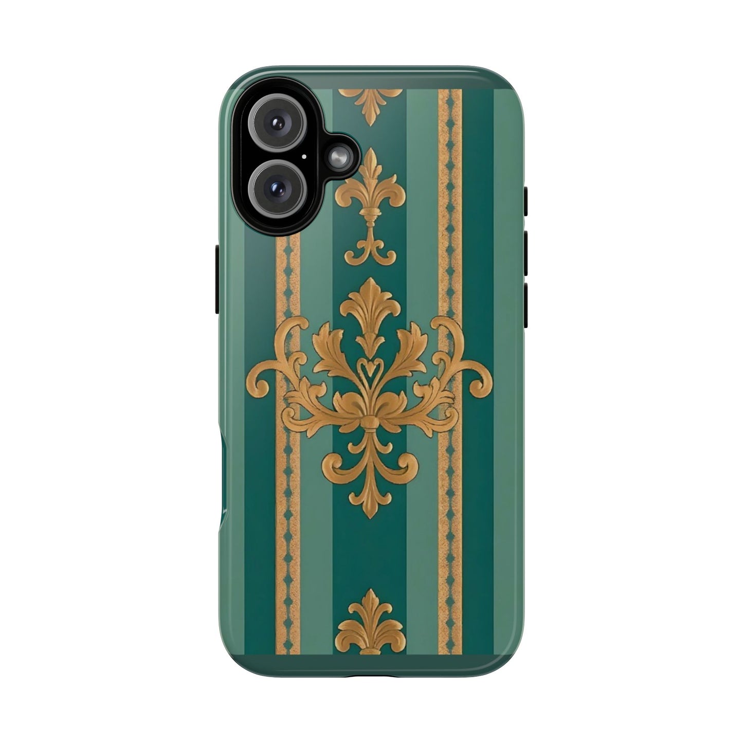 Elegant Floral Motif Phone Case - Tough Cases with Vintage Design - Teal Striped Gold Damask