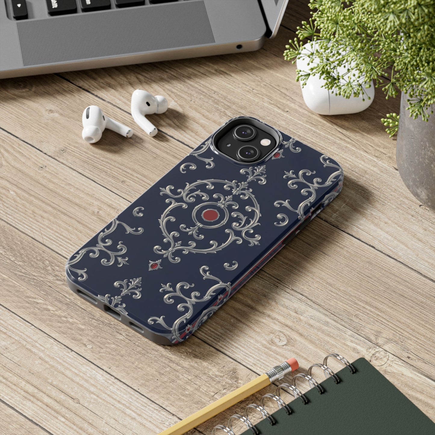 Elegant Patterned Tough Phone Cases for Stylish Protection, Gift for Her, Unique Accessories - Blue & Red Striped Silver Baroque