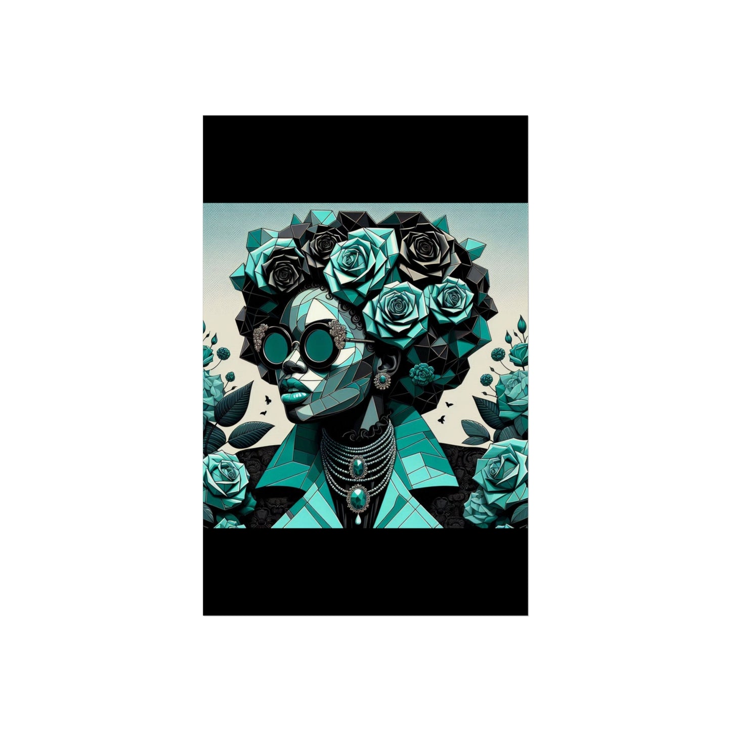 Chic Floral Fine Art Poster | Modern Wall Decor, Home Aesthetic, Gift for Art Lovers, Unique Room Makeover - Turquoise & Black Roses Lady
