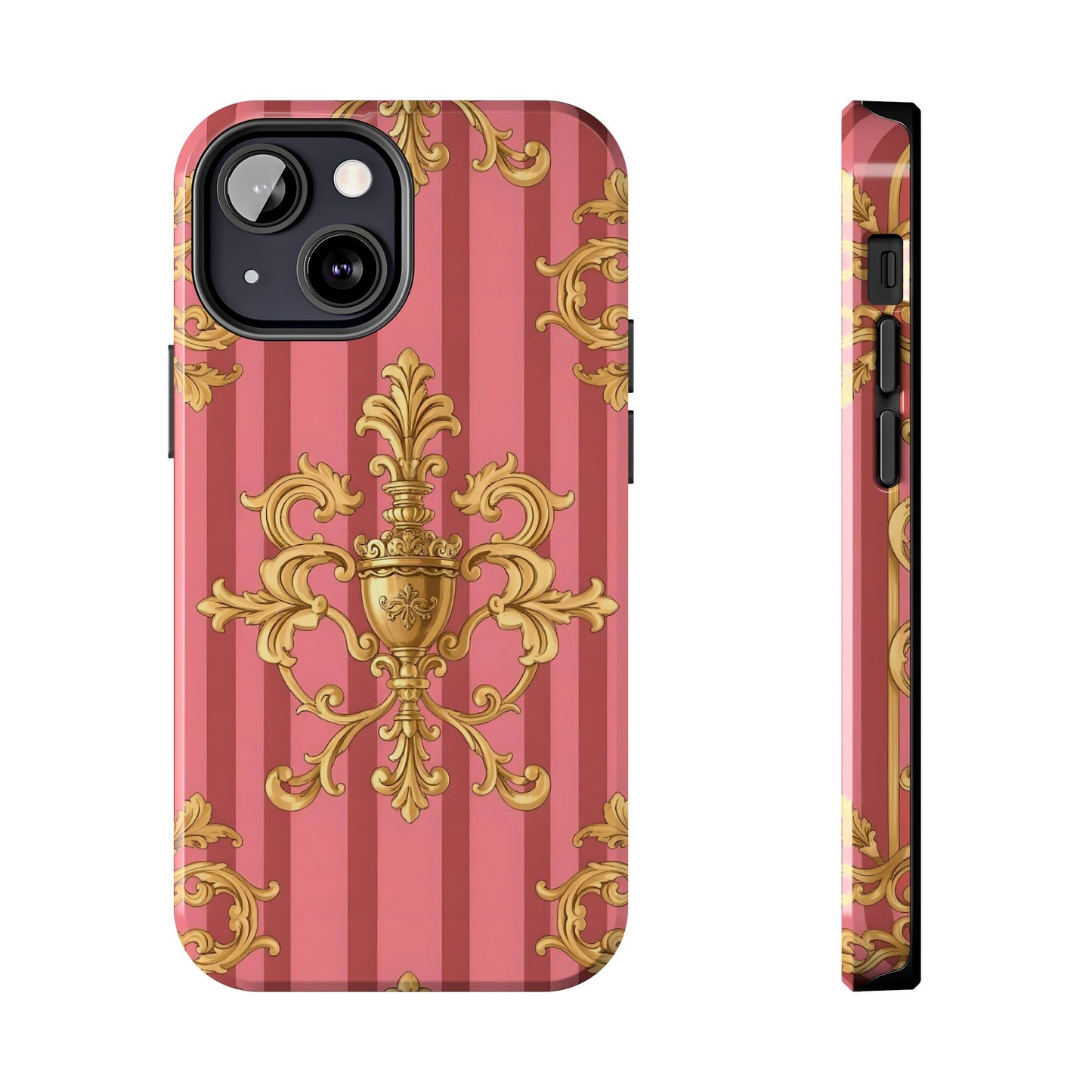 Elegant Baroque Tough Phone Cases, Durable Phone Cover, Stylish Accessory, Gift for Any Occasion - Pink Striped Gold Baroque
