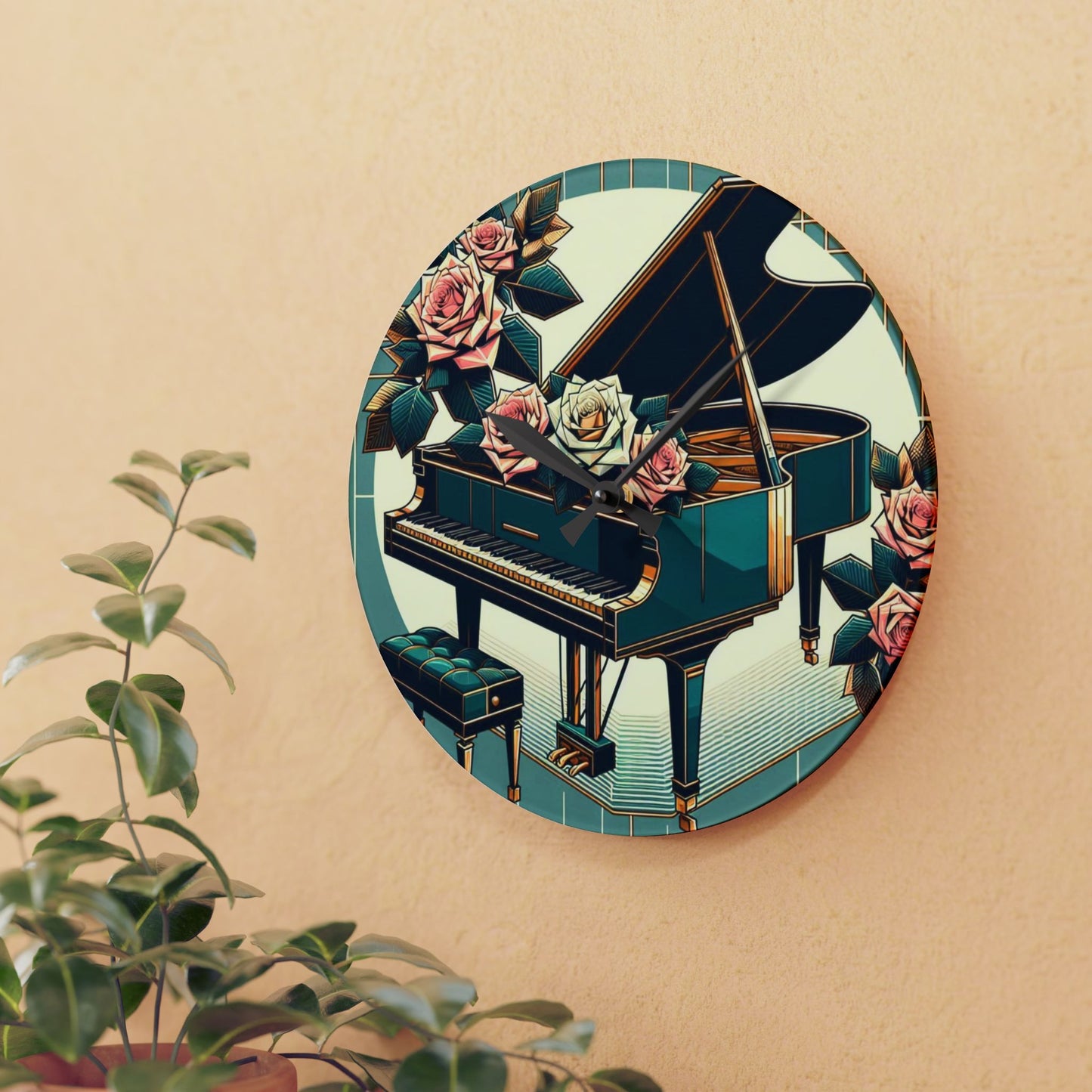 Elegant Piano & Roses Acrylic Wall Clock - Timeless Decor for Music Lovers