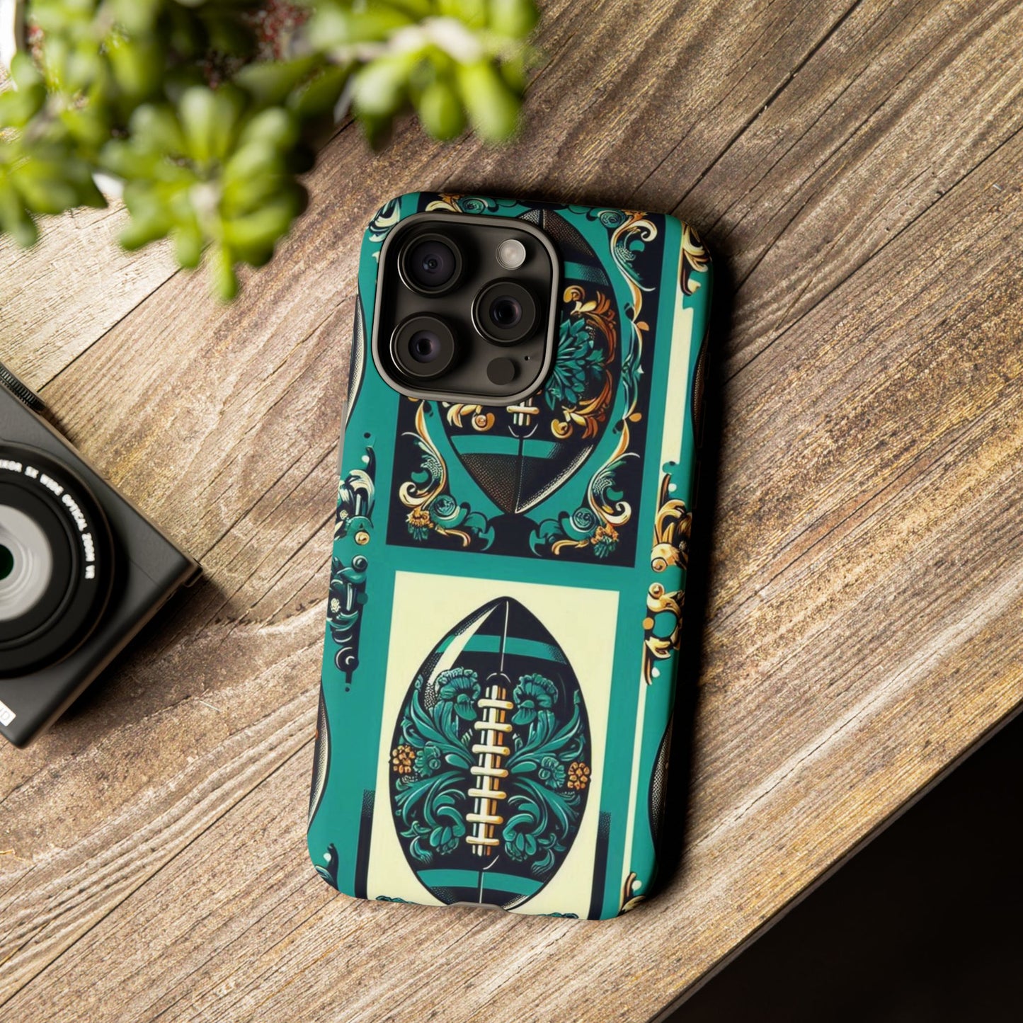Elegant Floral Motif Phone Case - Tough Cases with Vintage Design -  Damask Teal, Gold & Black Footballs