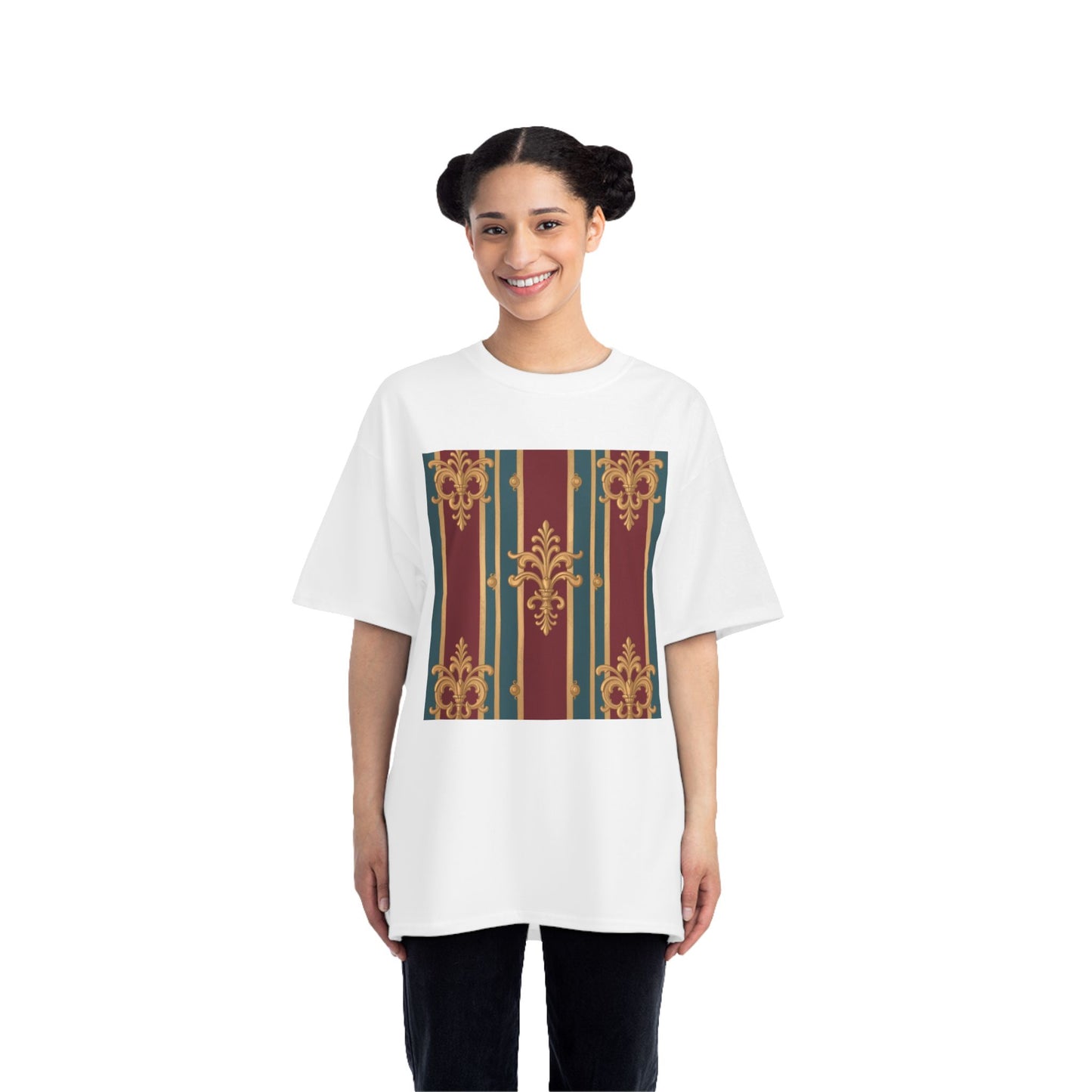 Elegant Vintage Patterned Beefy-T® Short-Sleeve T-Shirt | Casual Wear, Summer Tops, Unique Gift - Burgundy Striped Gold Baroque