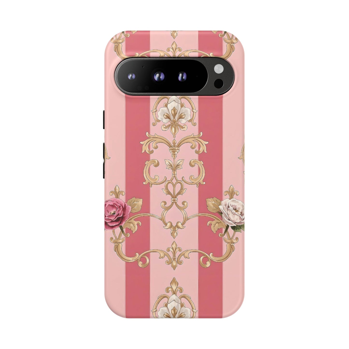 Elegant Floral Motif Phone Case - Tough Cases with Vintage Design - Pink Striped Roses & Damask
