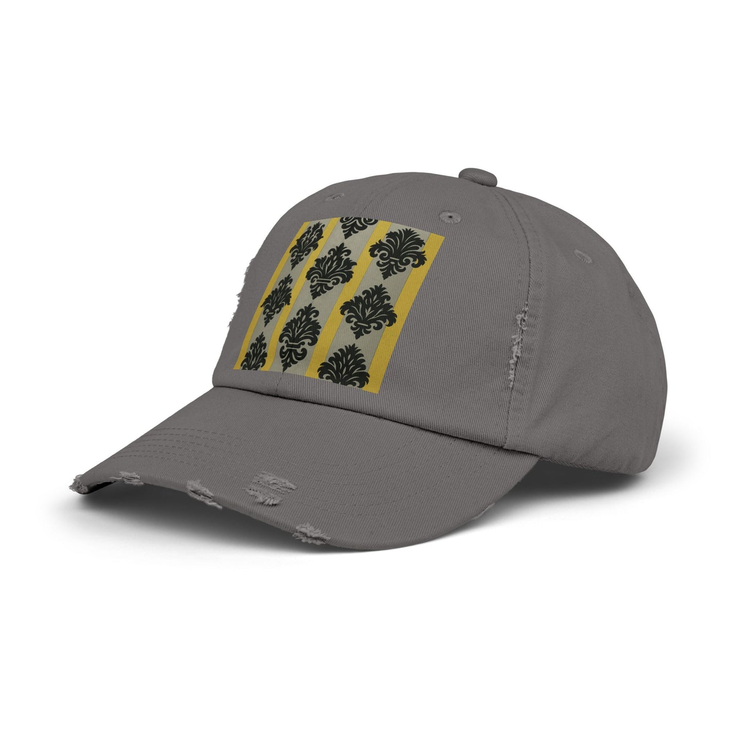 Stylish Distressed Cap, Trendy Black Hat for Fashion Lovers, Unisex Casual Accessory, Perfect Gift for Birthdays - Silver & Gold Striped Black Baroque