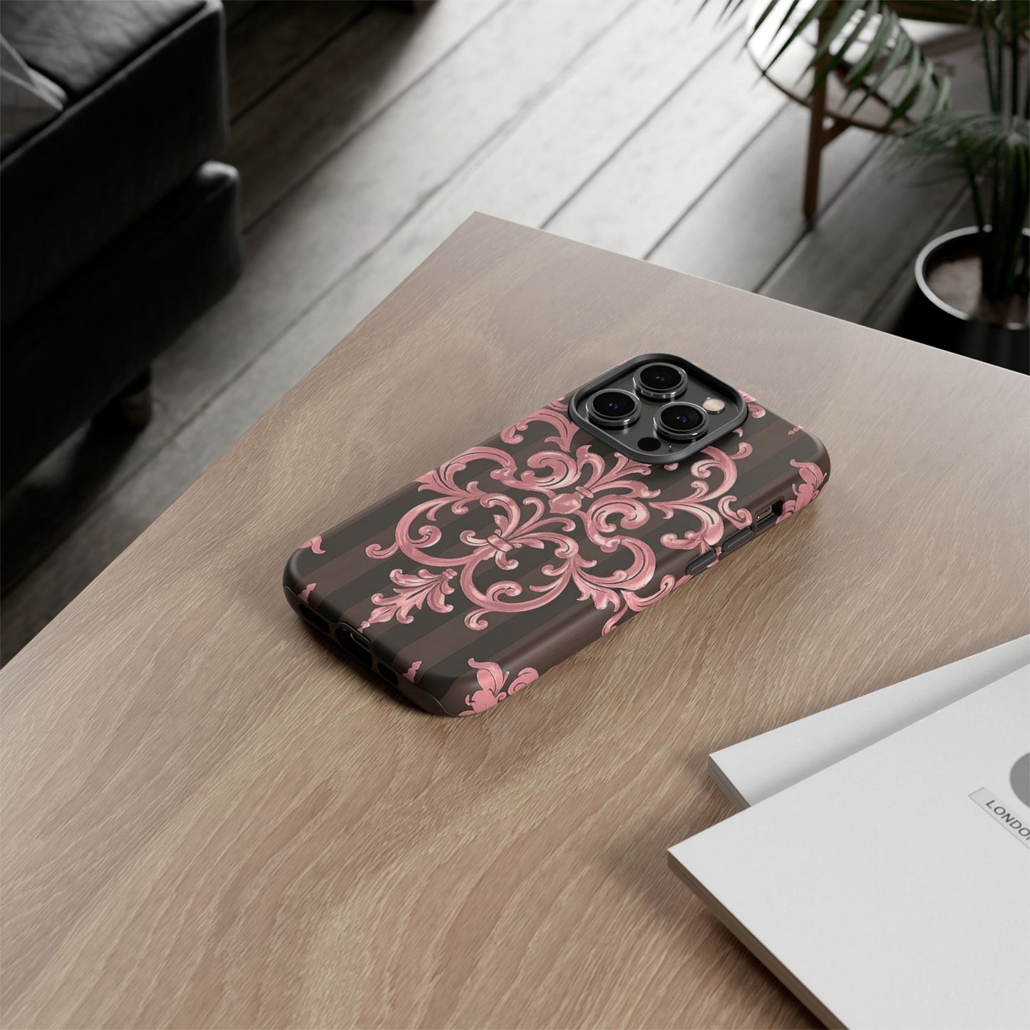 Elegant Floral Motif Phone Case - Tough Cases with Vintage Design - Brown Striped Mauve Damask