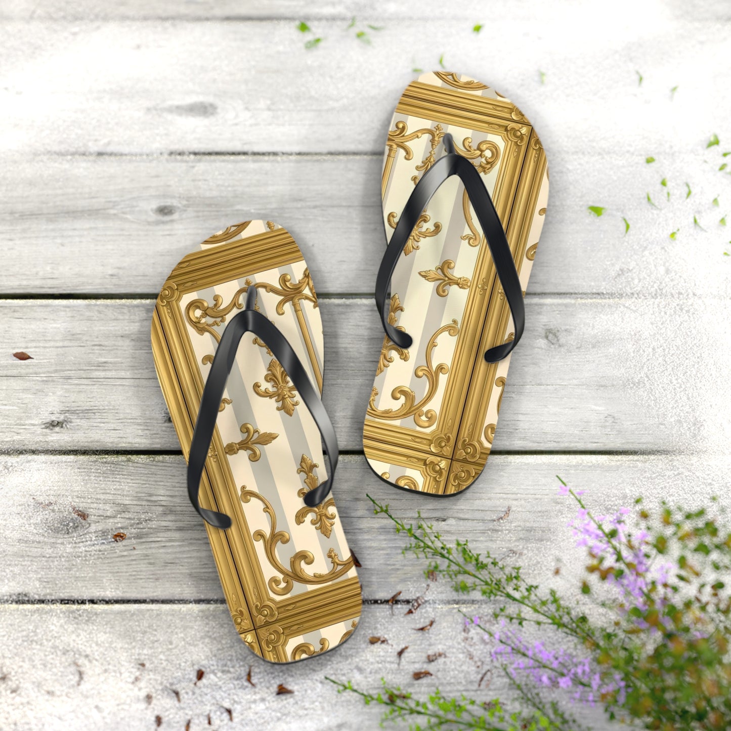 Chic Decorative Flip Flops for Beach, Summer Vibes, Vacation Footwear, Luxury Poolside Slippers - Matte Gray & Cream Striped Gold Baroque