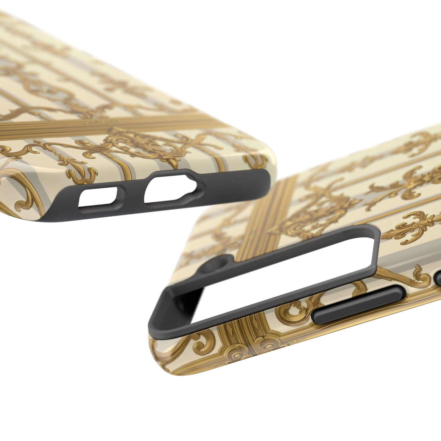 Elegant Gold Pattern Tough Phone Cases | Stylish Phone Covers, Trendy Cell Phone Accessories - Matte Gray & Cream Striped Gold Baroque