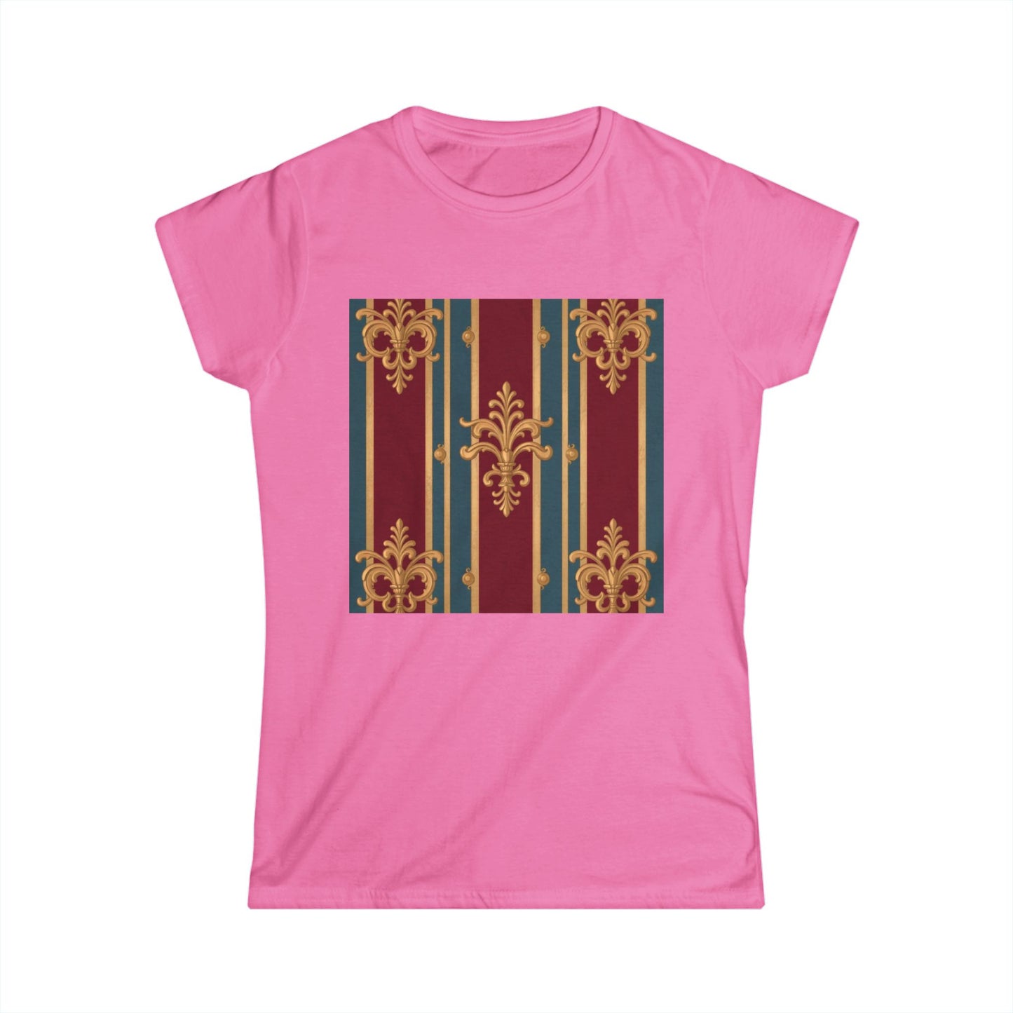 Elegant Floral Design Women's Softstyle Tee - Casual Wear, Gift for Her, Birthday, Summer Fashion - Burgundy Striped Gold Baroque