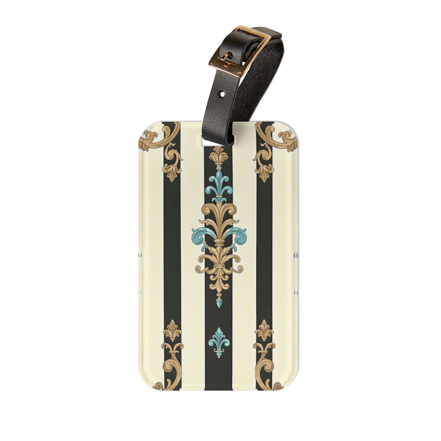 Elegant Vintage Luggage Tag, Travel Accessory, Personalized Baggage Tag, Stylish Suitcase ID - Black Striped Turquoise & Black Rococo