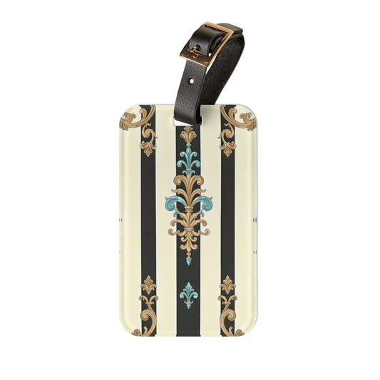 Elegant Vintage Luggage Tag, Travel Accessory, Personalized Baggage Tag, Stylish Suitcase ID - Black Striped Turquoise & Black Rococo