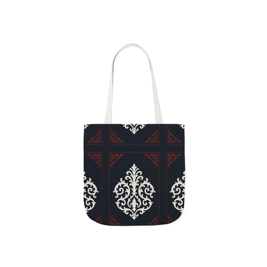 Dusk Blue-Maroon & White Baroque Pattern Canvas Tote Bag — Elegant Dusk Blue & White Reusable Market Bag