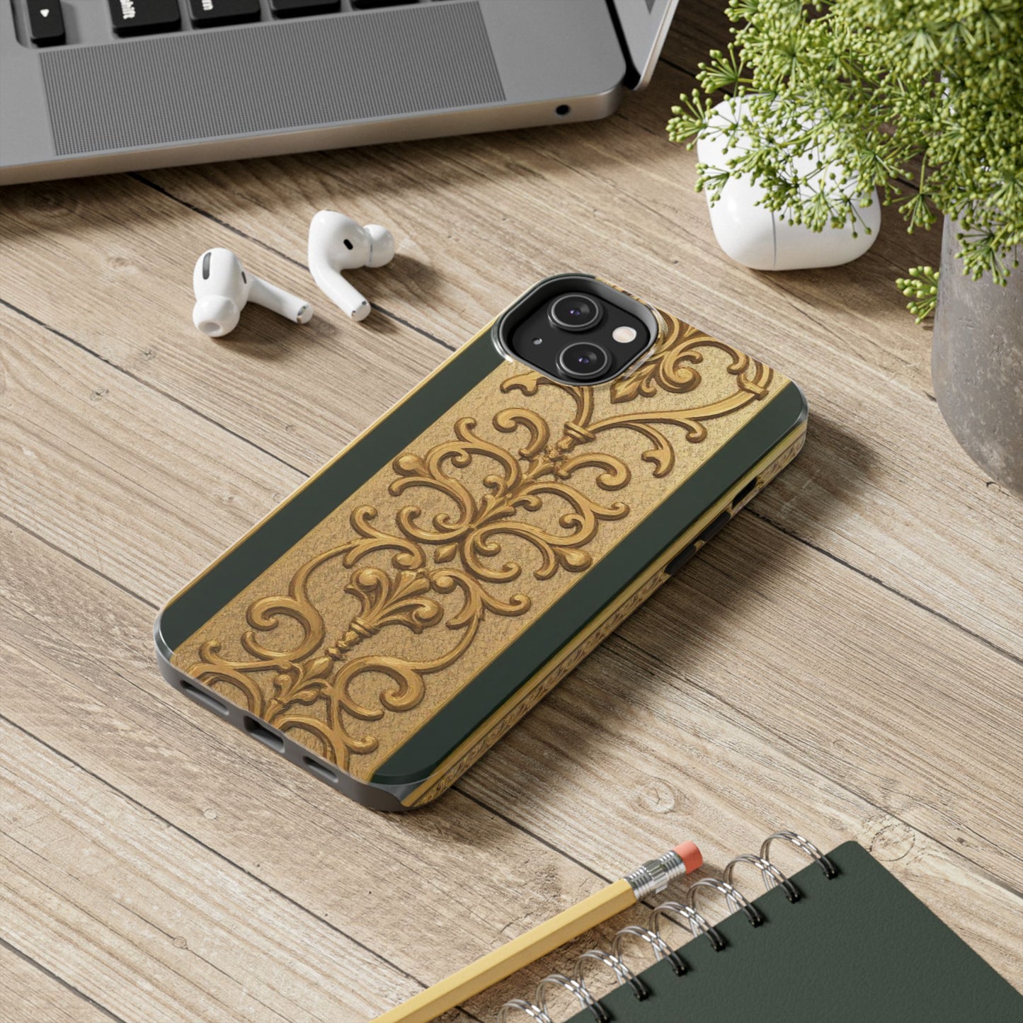 Elegant Teal Striped Gold Baroque Vintage Phone Case, Durable Cell Phone Cover, Floral Phone Protection, Personalized Gift Idea