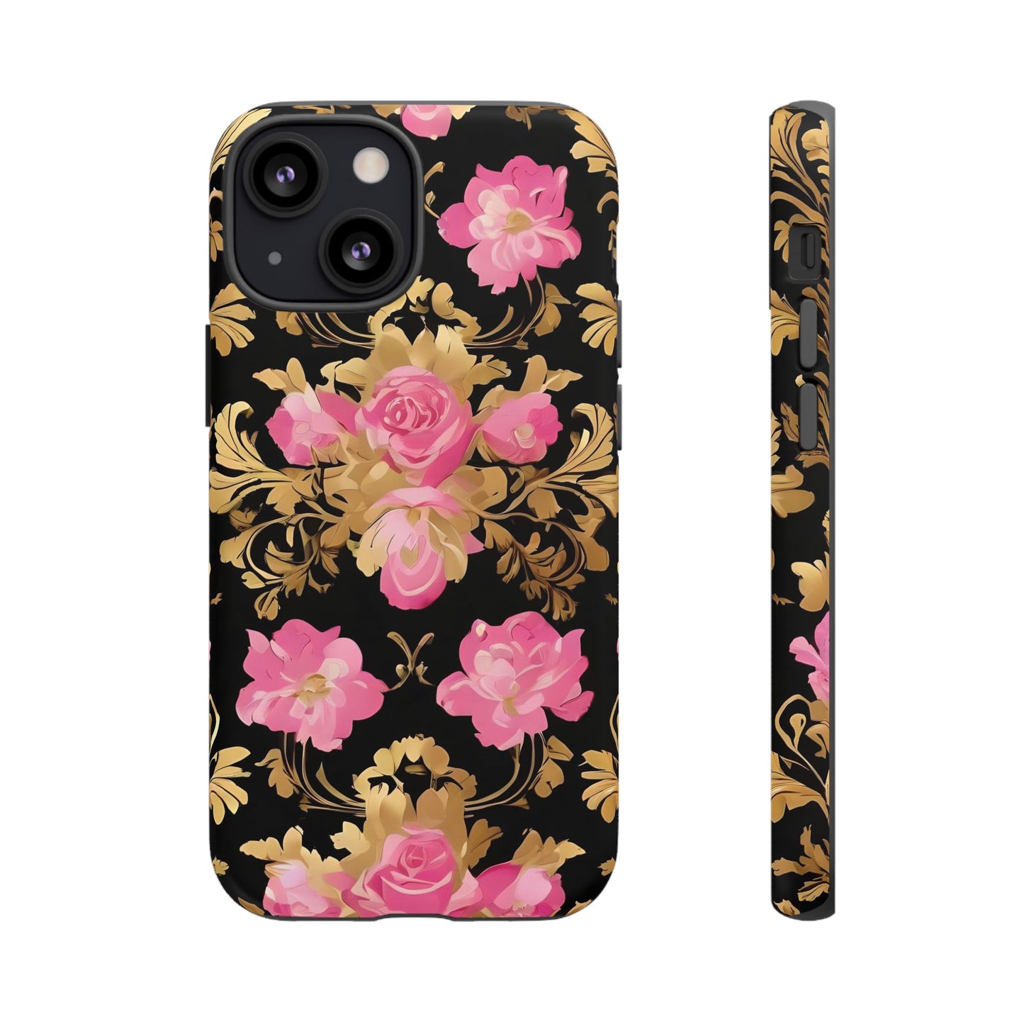 Elegant Floral Motif Phone Case - Tough Cases with Vintage Design - Pink & Gold Roses